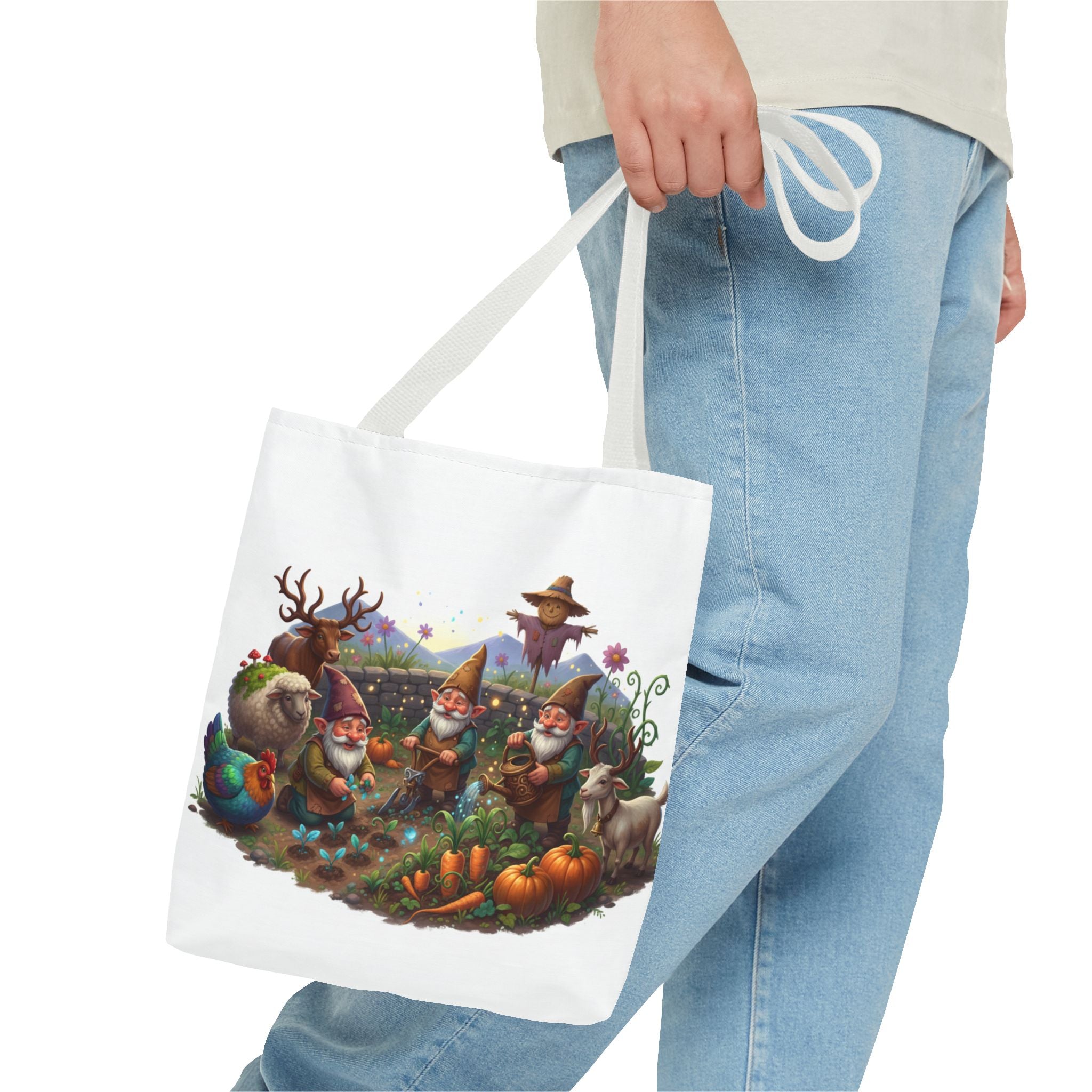 Gnome Garden Tote Bag — Whimsical Gnome & Pumpkin Illustration AOP Tote