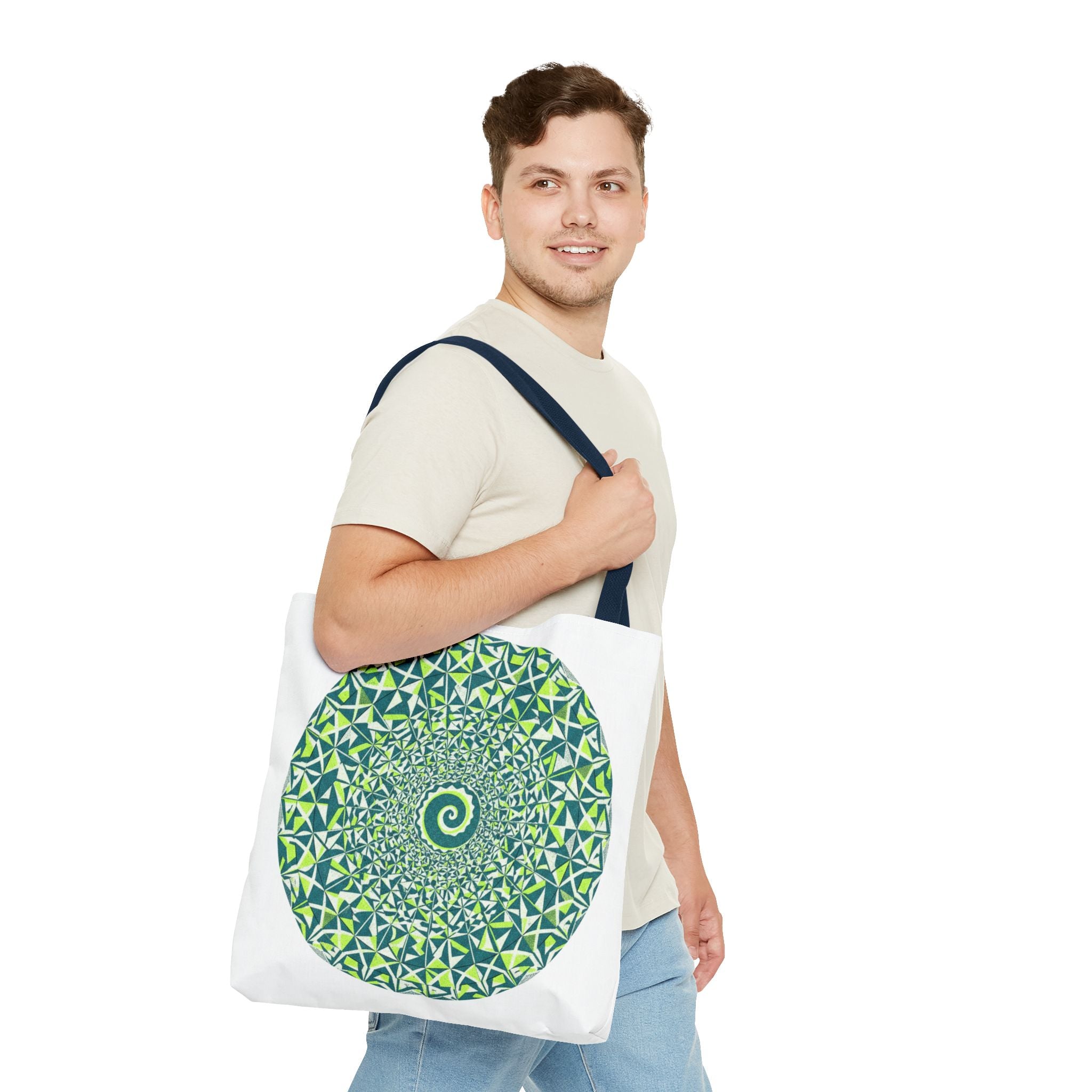 Spiral Mandala Tote Bag — Green Geometric All-Over Print Tote