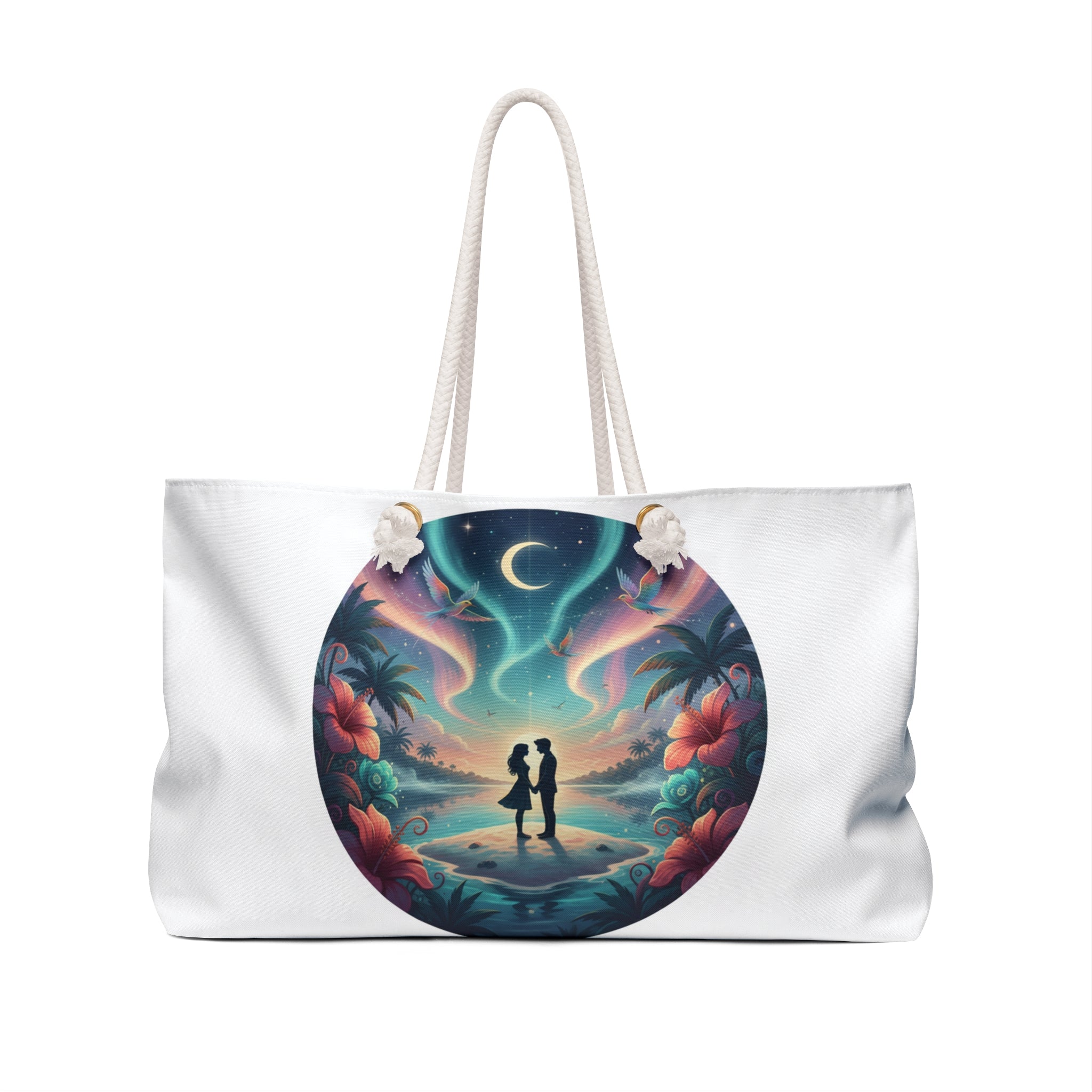 Romantic Tropical Night Weekender Bag — Couples Silhouette Beach Tote