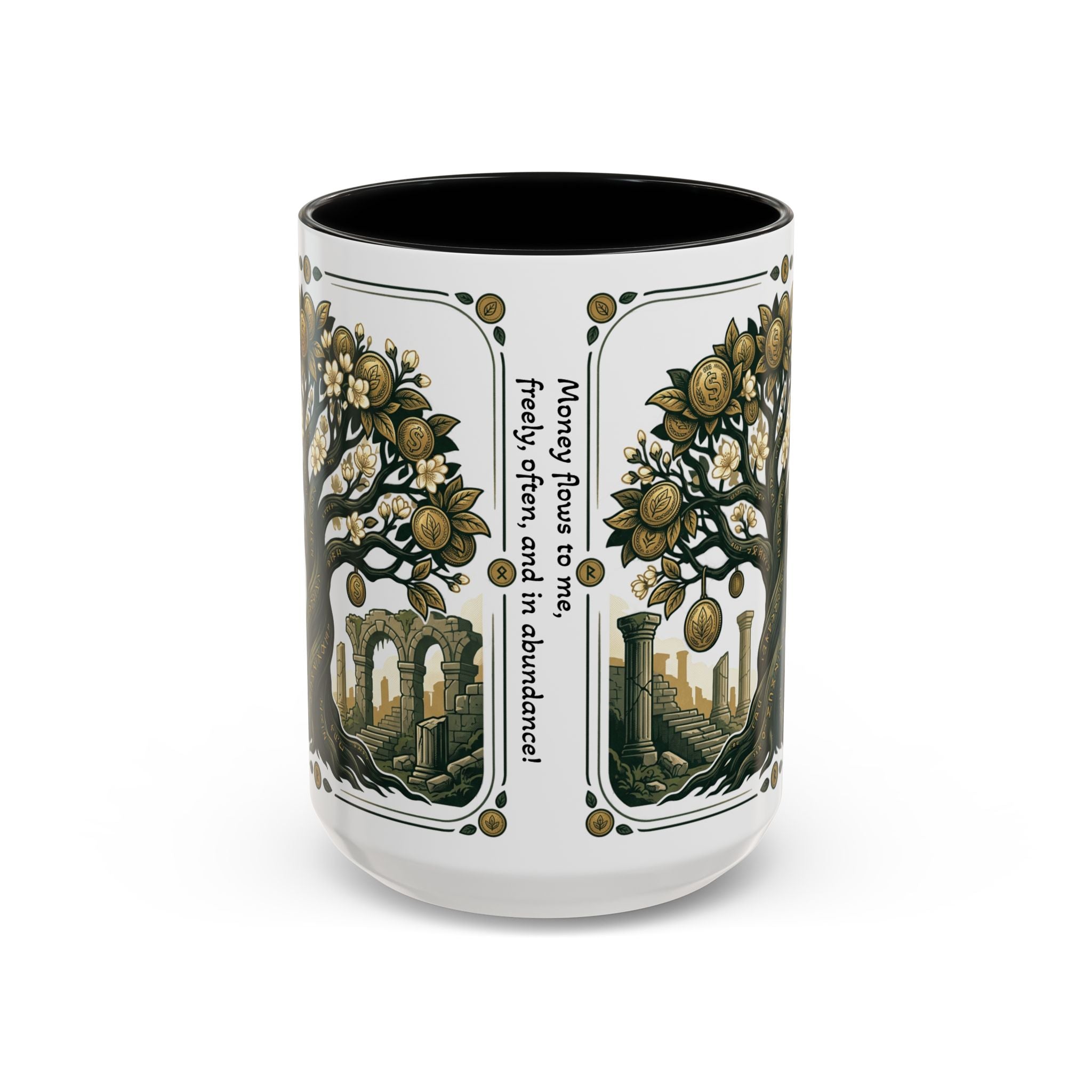 Ornate Tree of Coins Coffee Mug — Gold Ruins Accent Ceramic Mug (11/15oz)