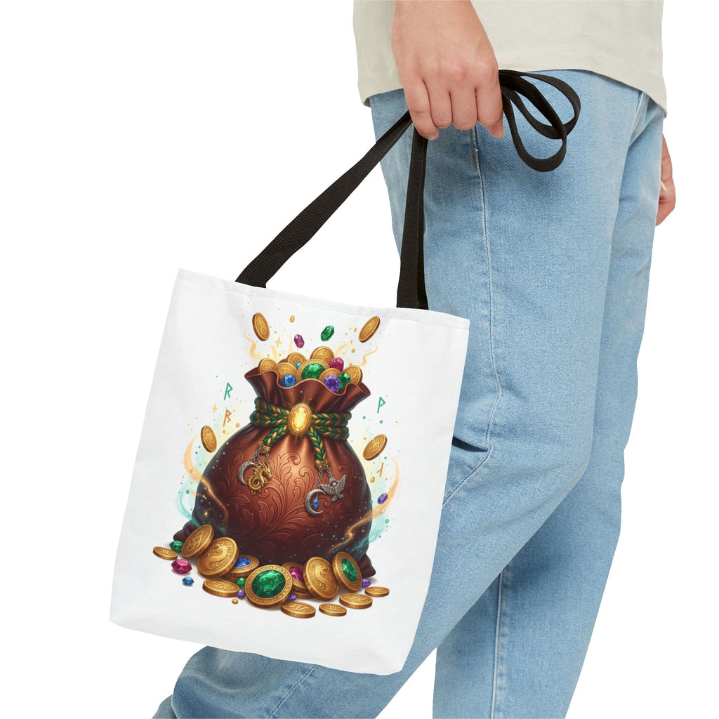 Treasure Pouch Tote Bag — Colorful Gem & Gold Coin All-Over Print Tote