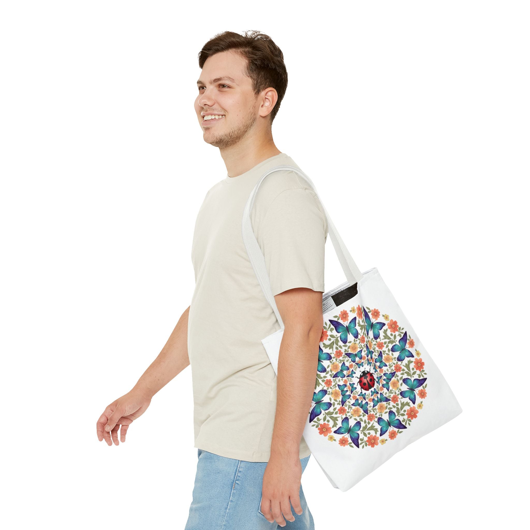 Butterfly & Ladybug Floral Tote Bag – Boho Mandala AOP Beach & Market Bag