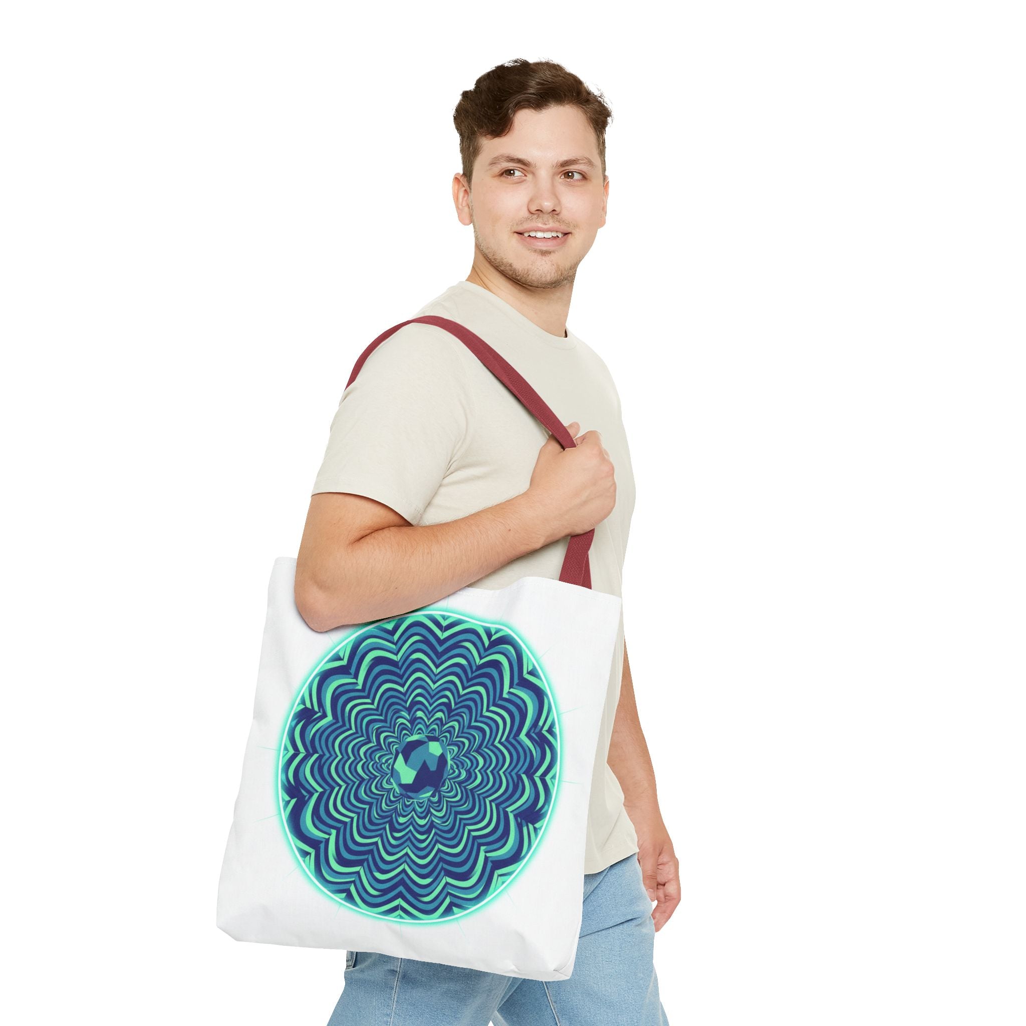 Psychedelic Mandala Tote Bag — Blue Green Optical Art All-Over Print