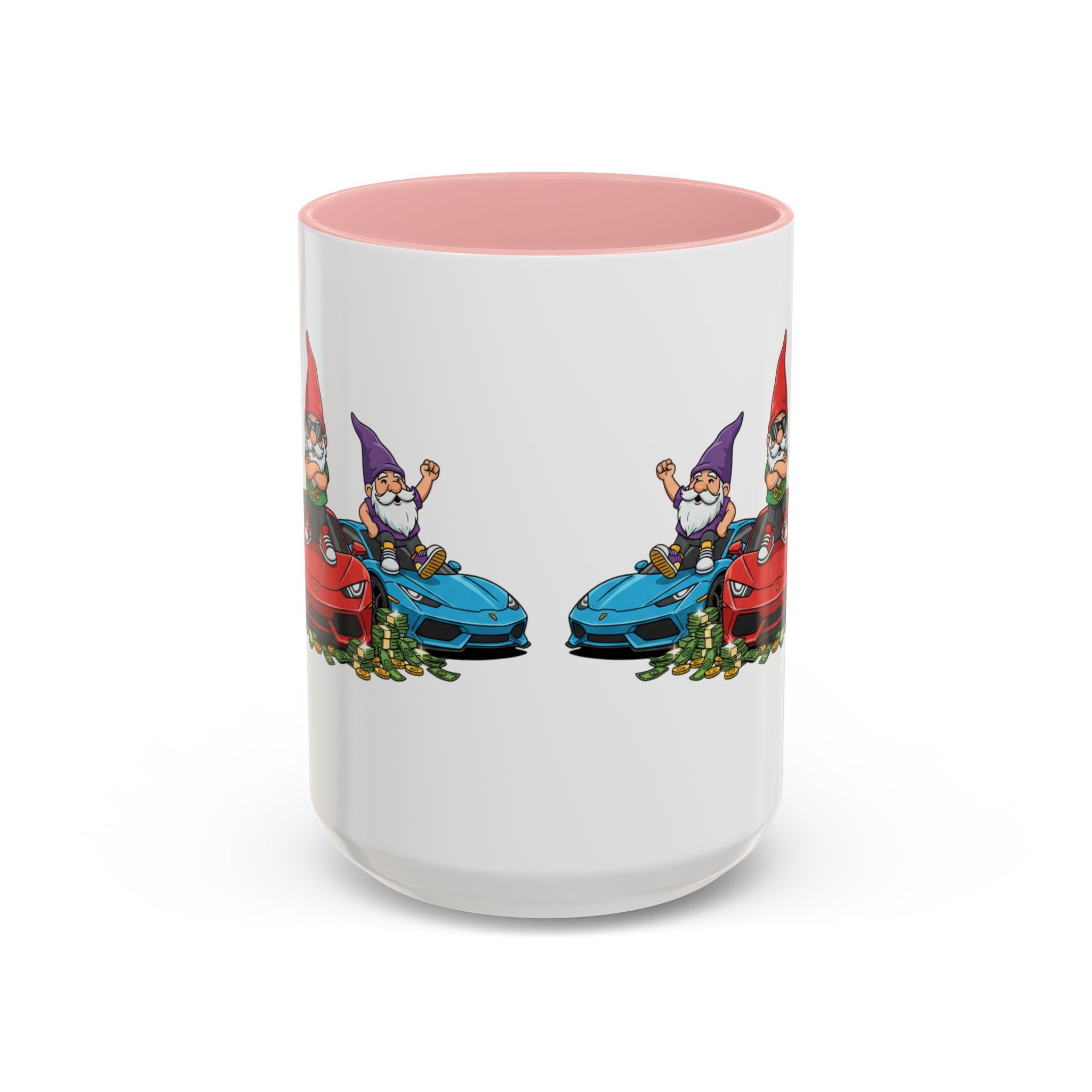 Gnome Car Crew Accent Coffee Mug — Racing Gnomes with Sports Cars (11/15oz)