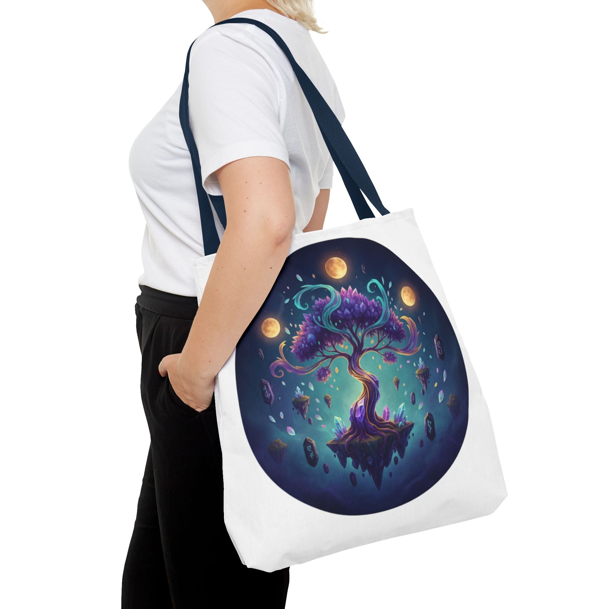 Mystic Floating Tree Tote Bag — Cosmic Moonlight Illustration All-Over Print