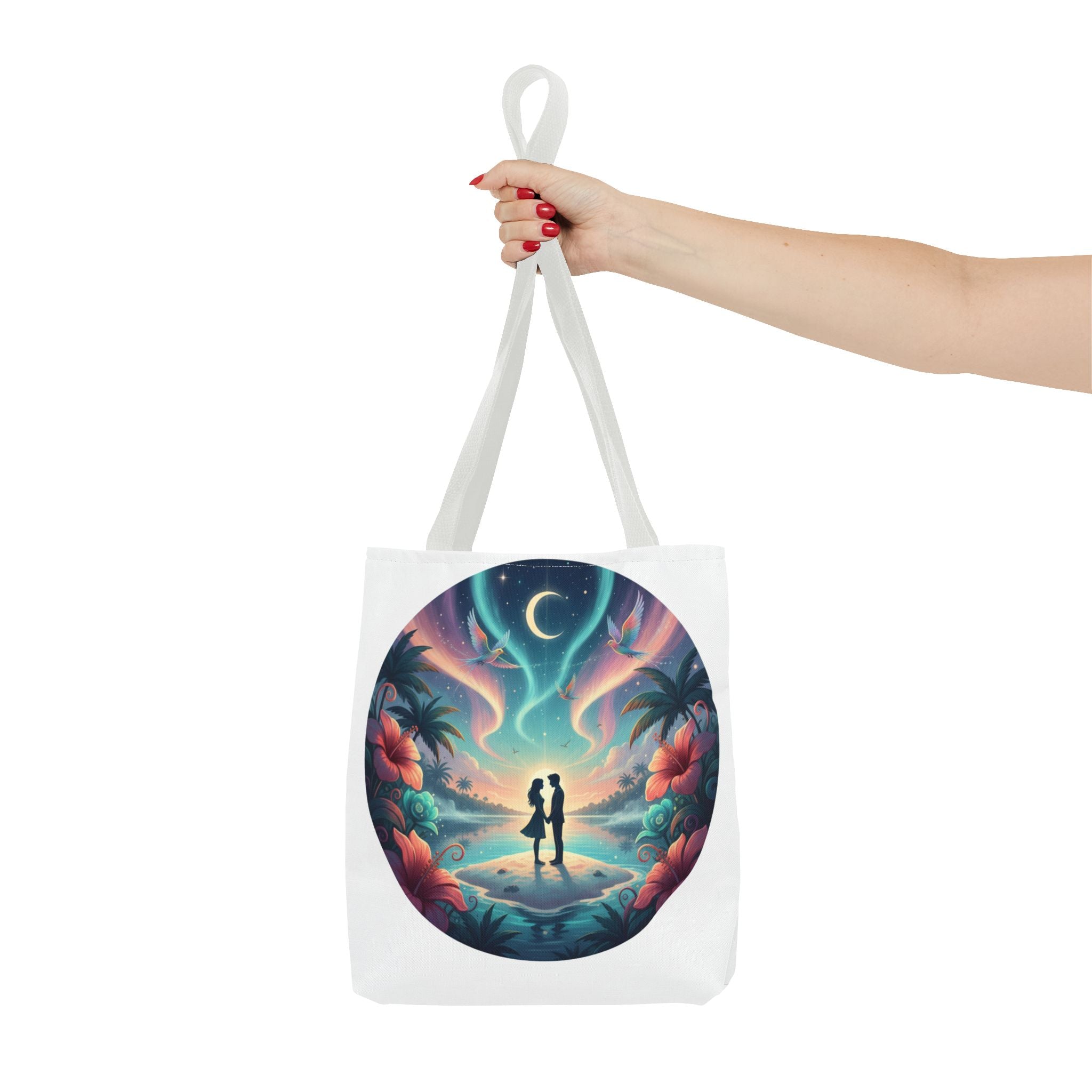 Romantic Moonlit Beach Tote Bag — Couple Silhouette Tropical Night Print