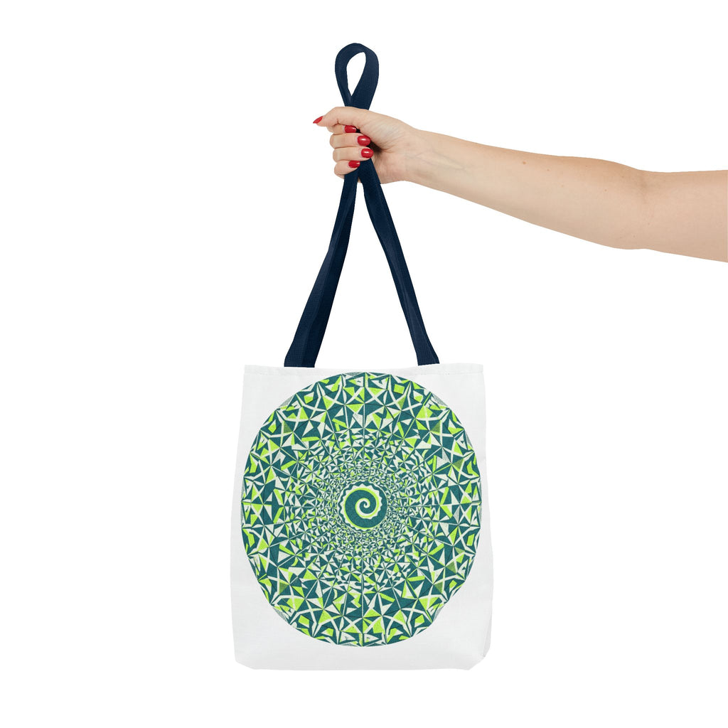 Spiral Mandala Tote Bag — Green Geometric All-Over Print Tote