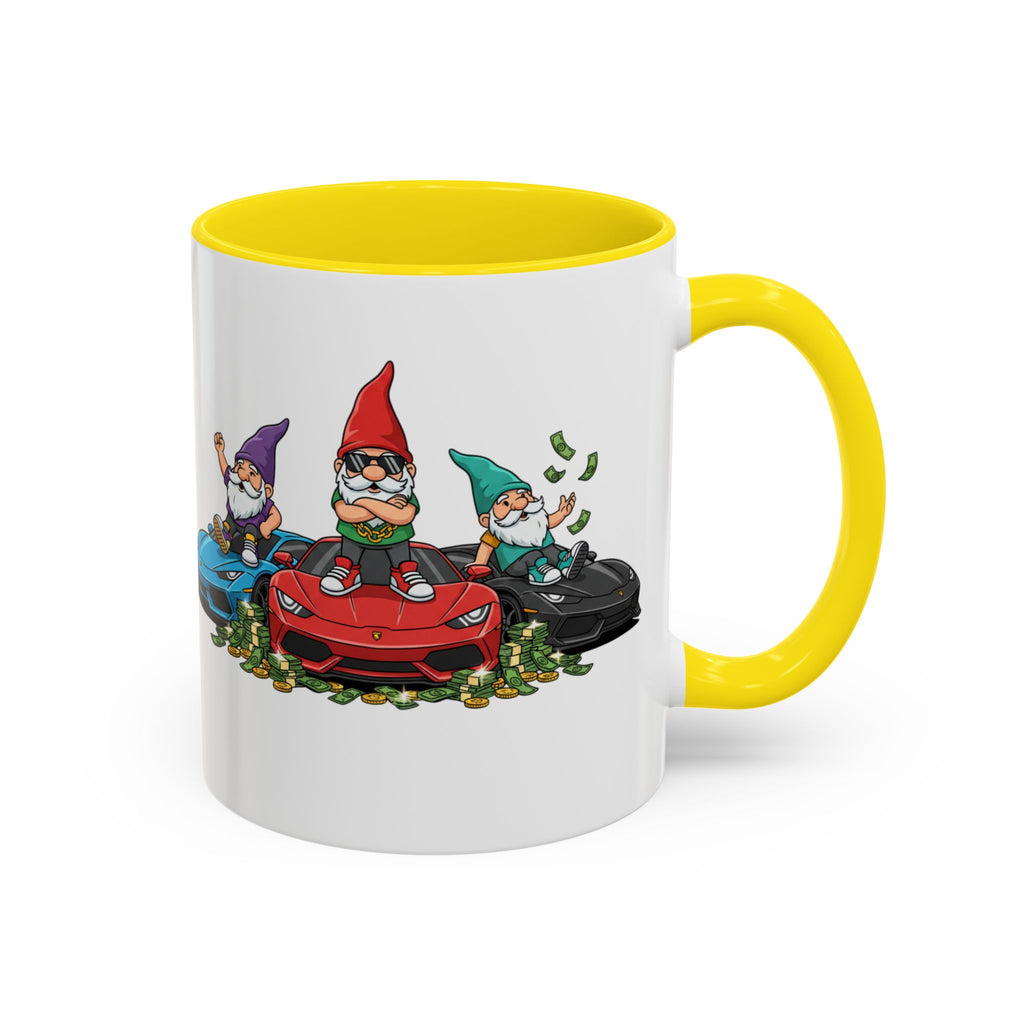 Gnome Car Crew Accent Coffee Mug — Racing Gnomes with Sports Cars (11/15oz)