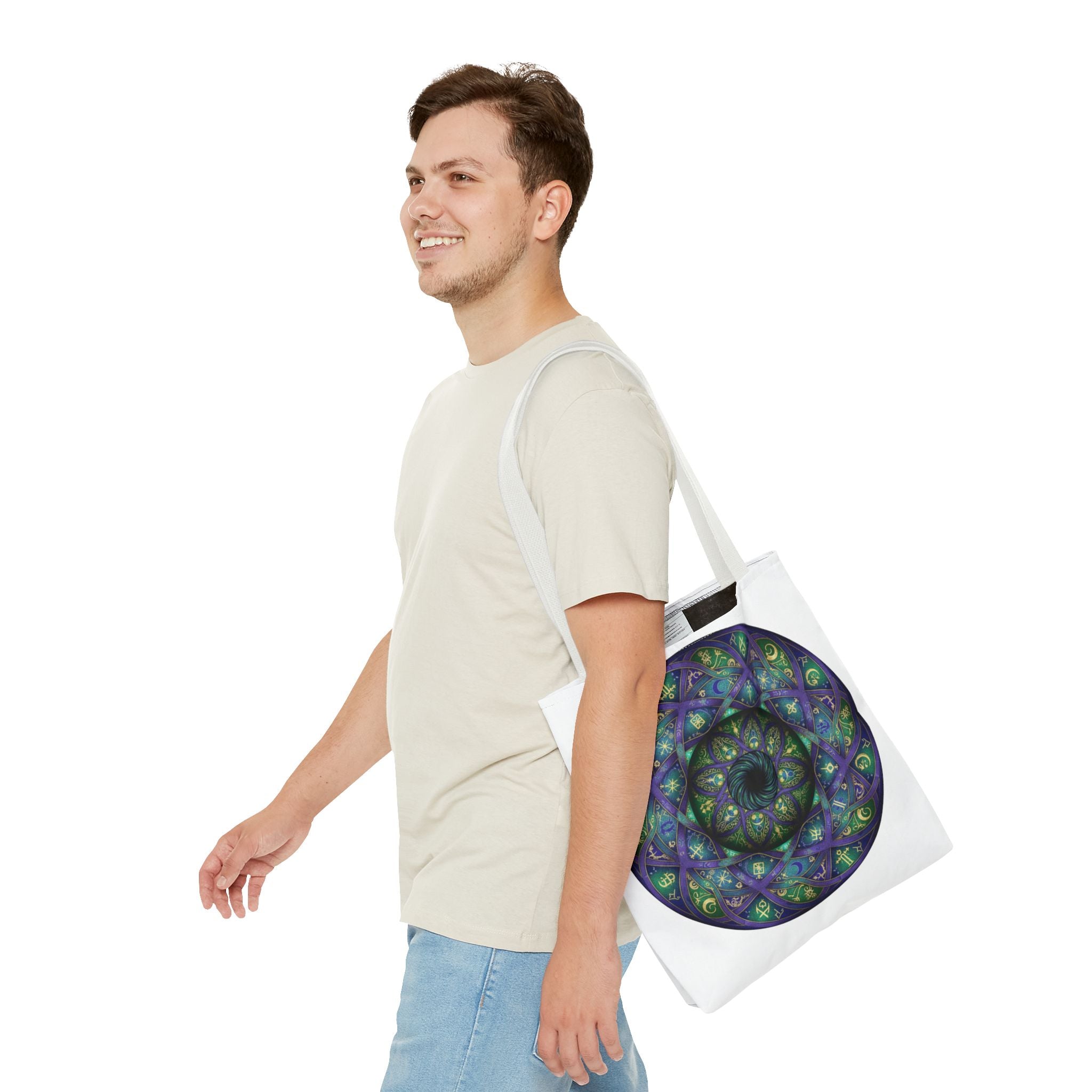 Mystic Mandala Tote Bag — Purple Green Spiral All-Over Print