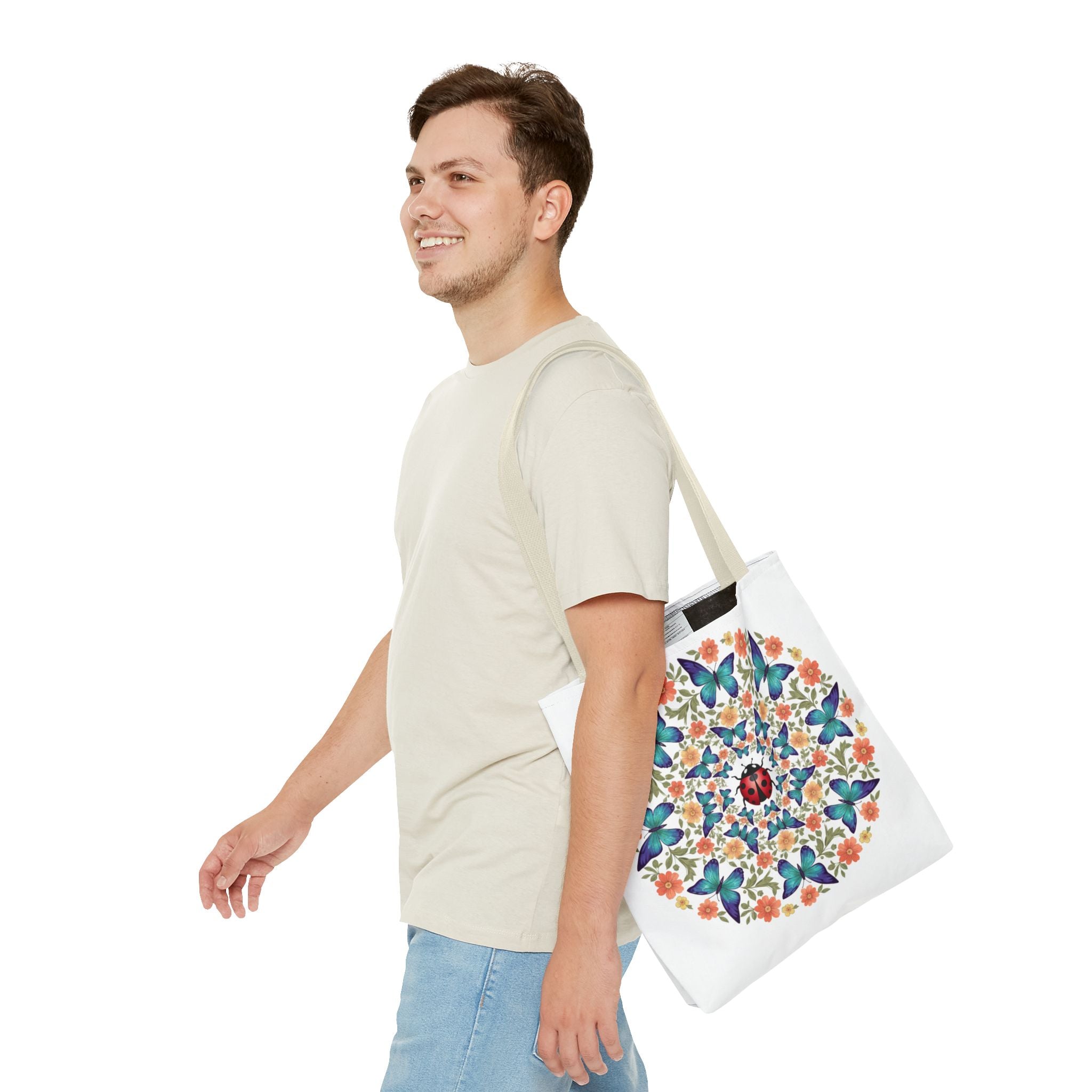 Butterfly & Ladybug Floral Tote Bag – Boho Mandala AOP Beach & Market Bag