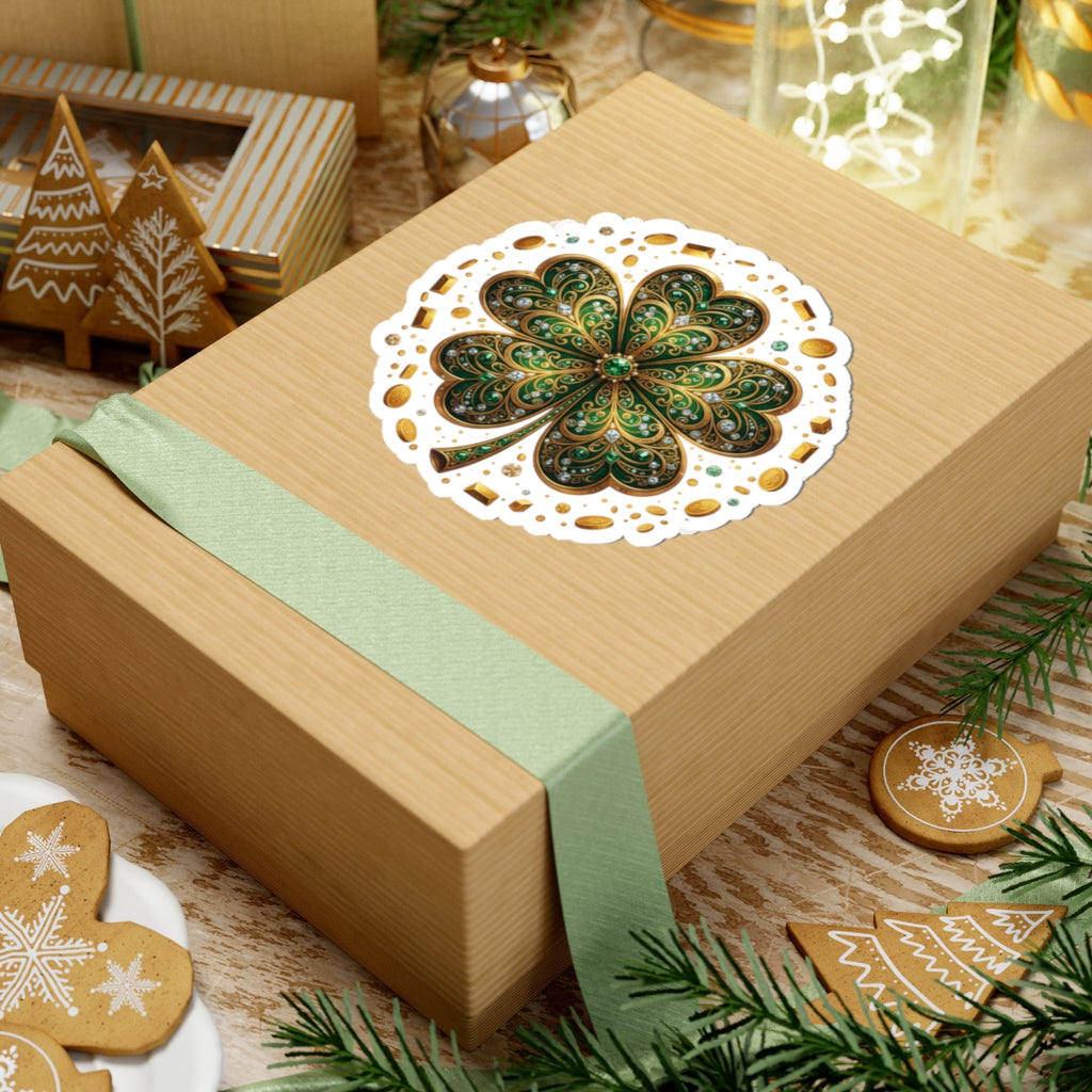 Celtic Gem Shamrock Sticker — Sparkling Green Four-Leaf Clove Kiss-Cut Decal