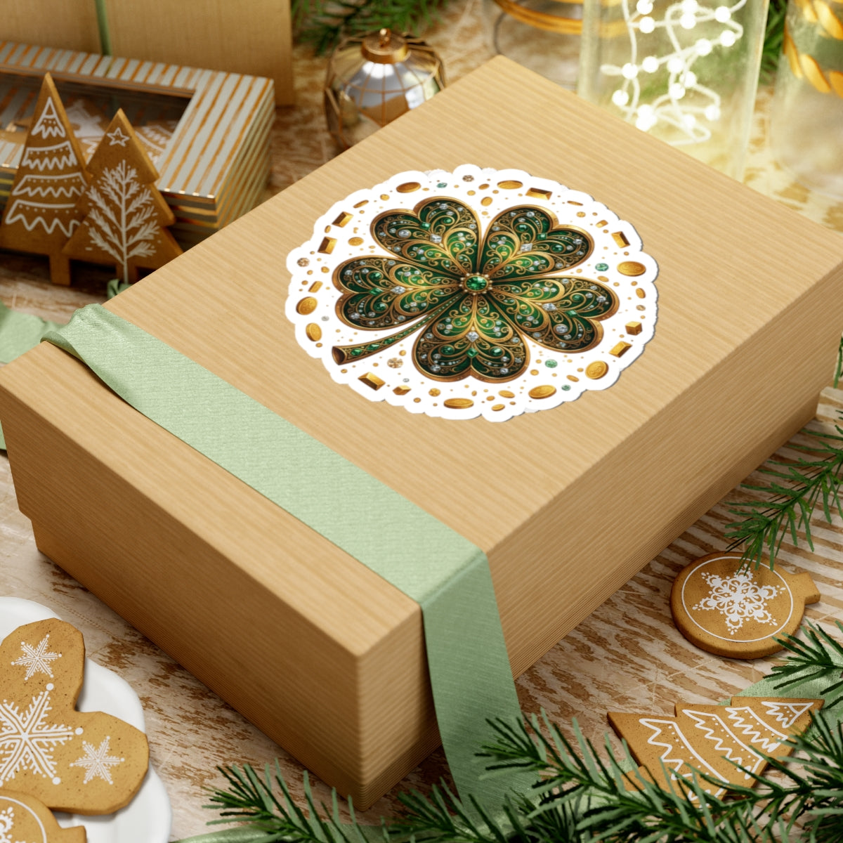 Celtic Gem Shamrock Sticker — Sparkling Green Four-Leaf Clove Kiss-Cut Decal