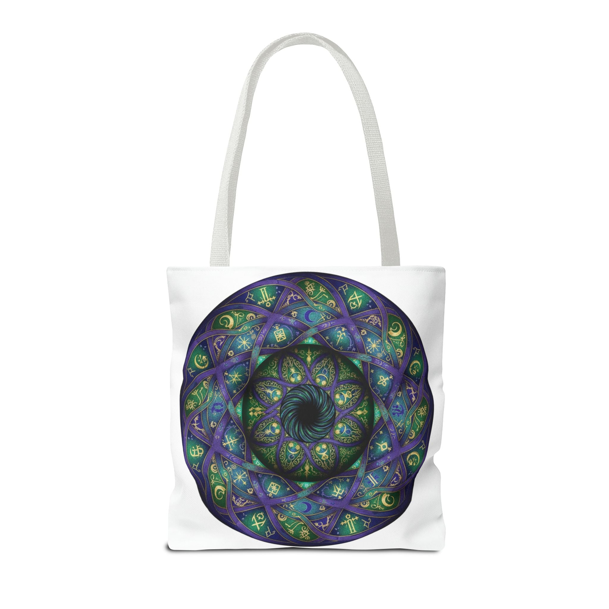Mystic Mandala Tote Bag — Purple Green Spiral All-Over Print