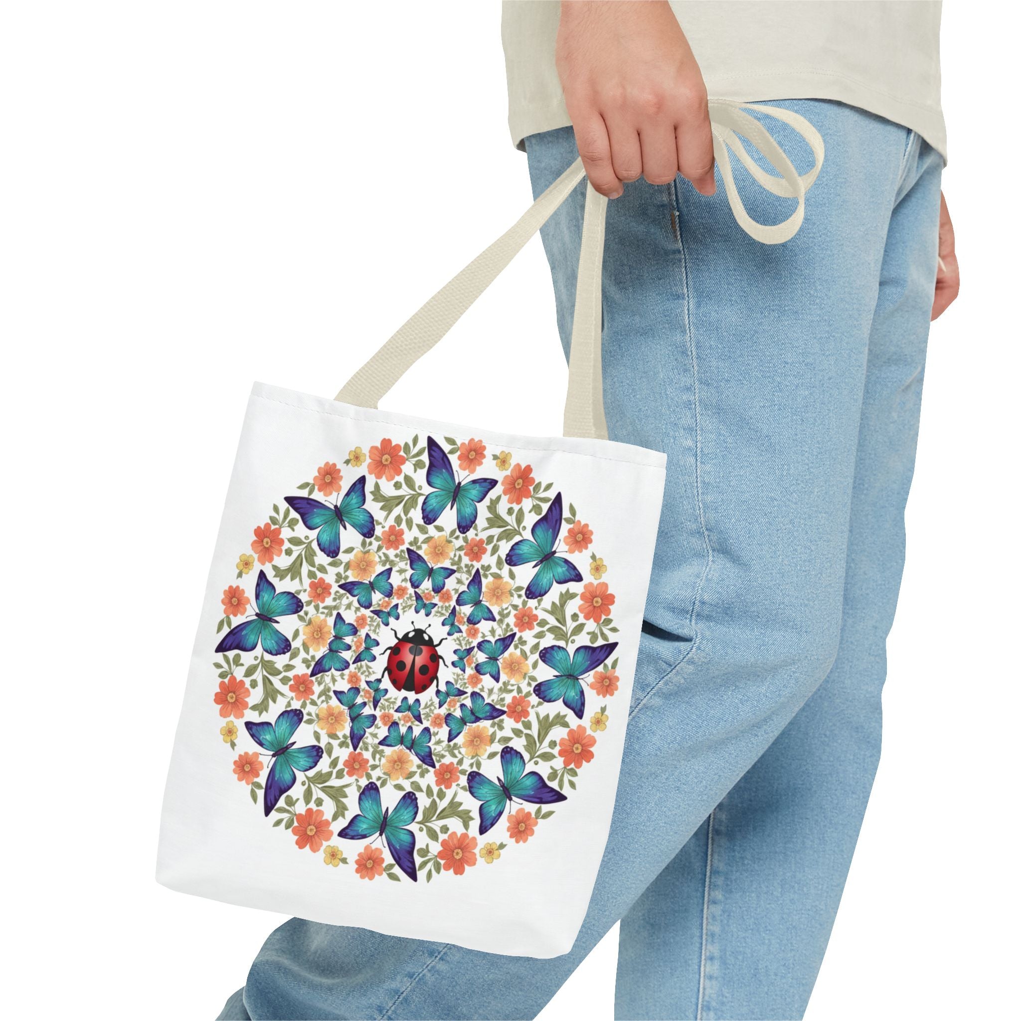 Butterfly & Ladybug Floral Tote Bag – Boho Mandala AOP Beach & Market Bag