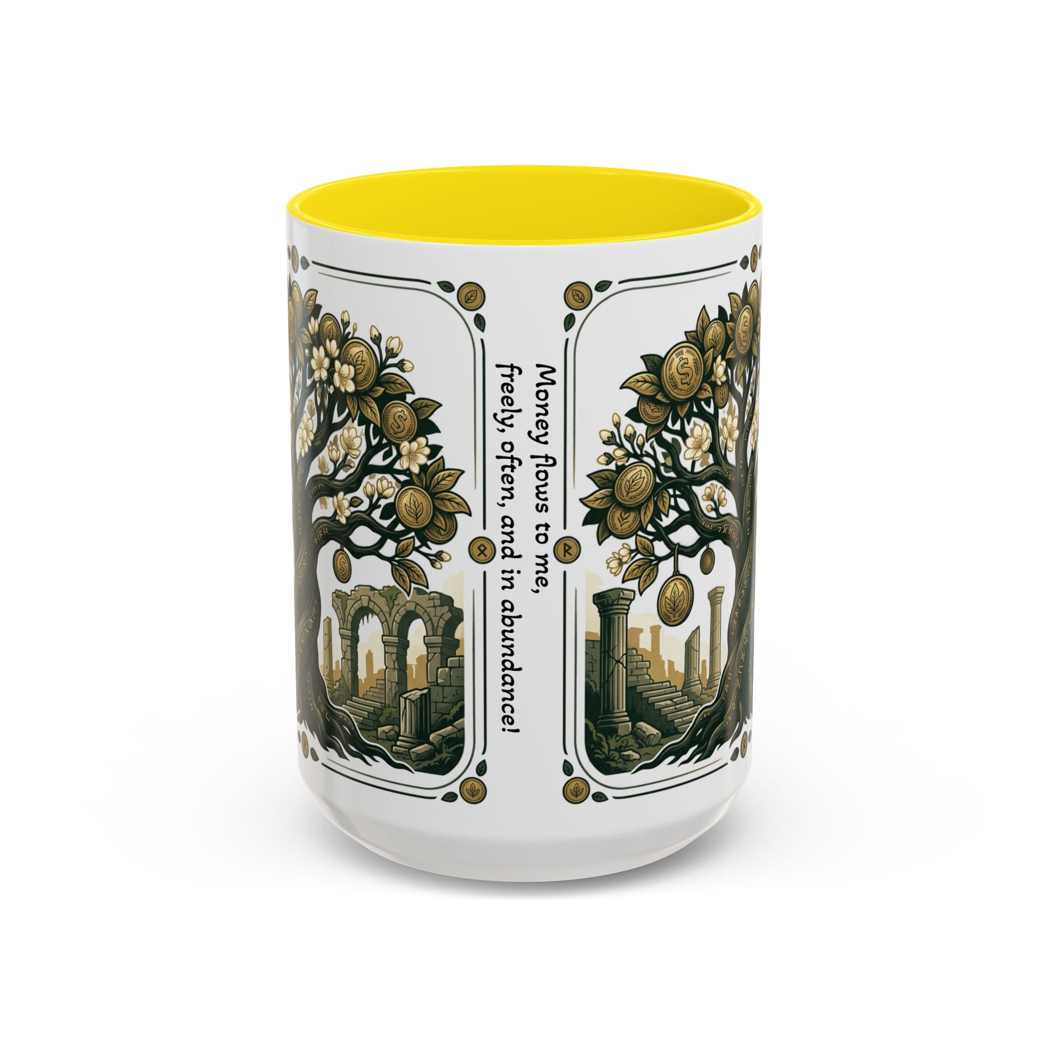 Ornate Tree of Coins Coffee Mug — Gold Ruins Accent Ceramic Mug (11/15oz)