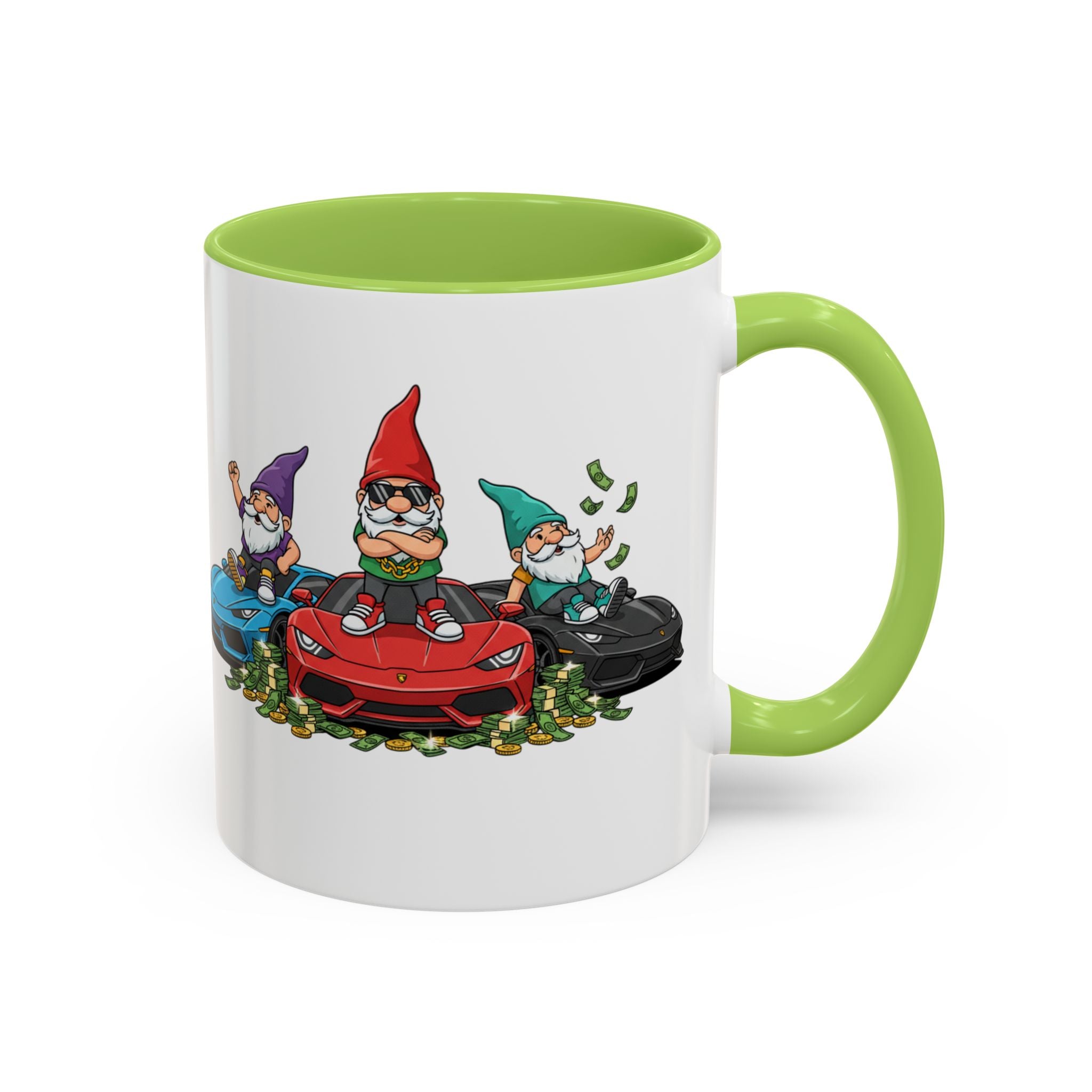 Gnome Car Crew Accent Coffee Mug — Racing Gnomes with Sports Cars (11/15oz)