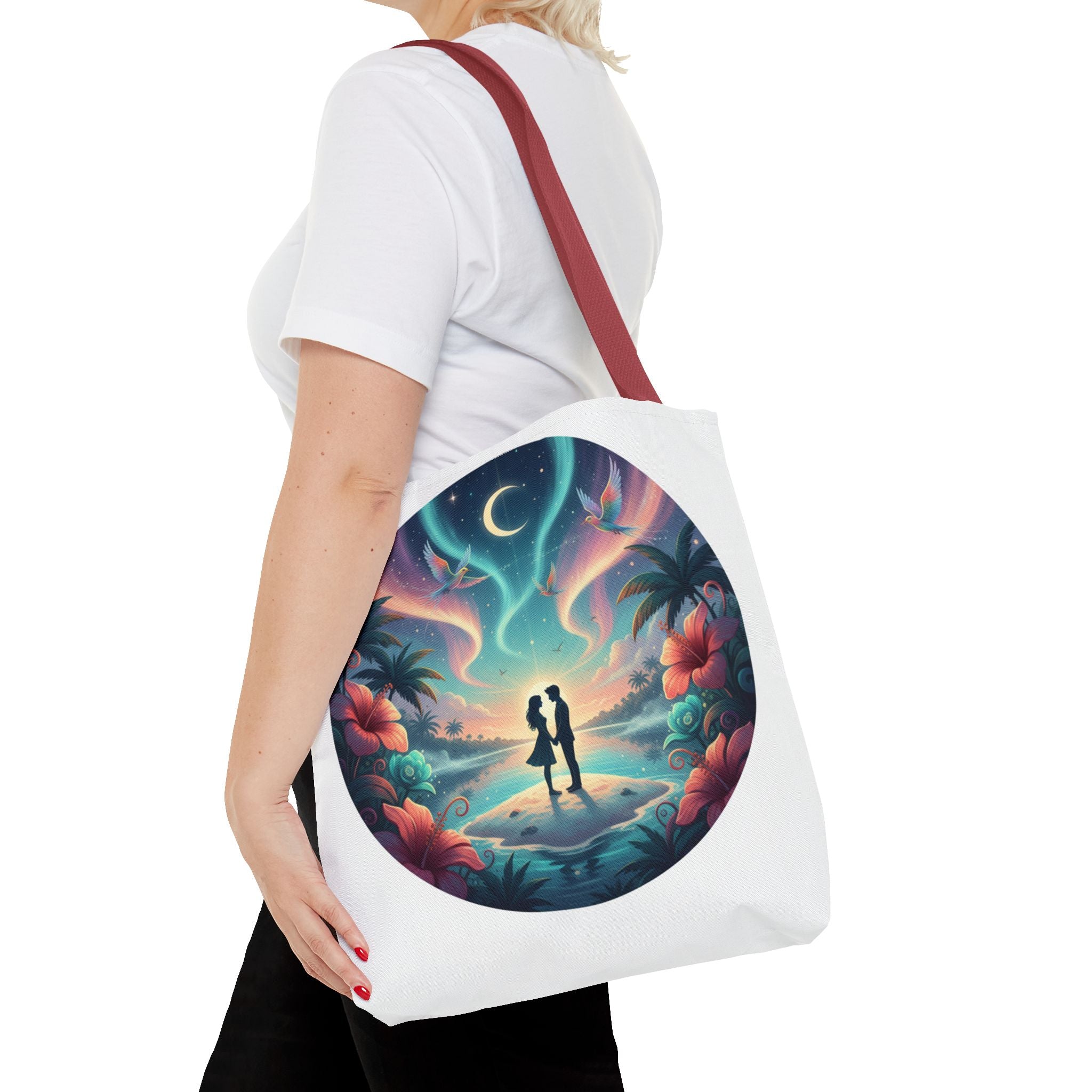 Romantic Moonlit Beach Tote Bag — Couple Silhouette Tropical Night Print