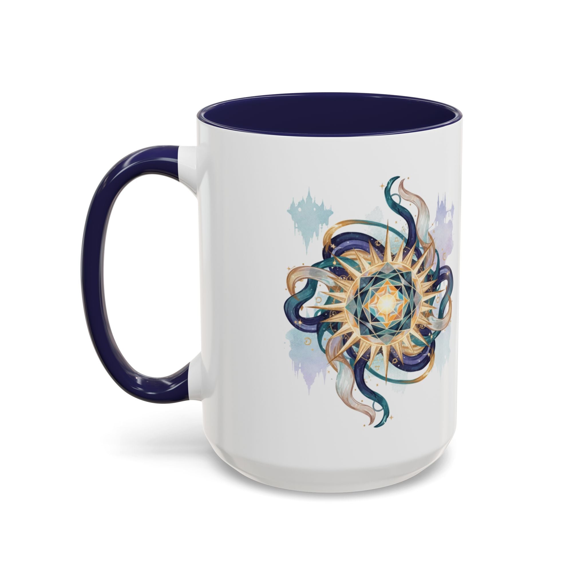 Celestial Nautilus Accent Coffee Mug — Ocean Sun Compass Art (11/15oz)