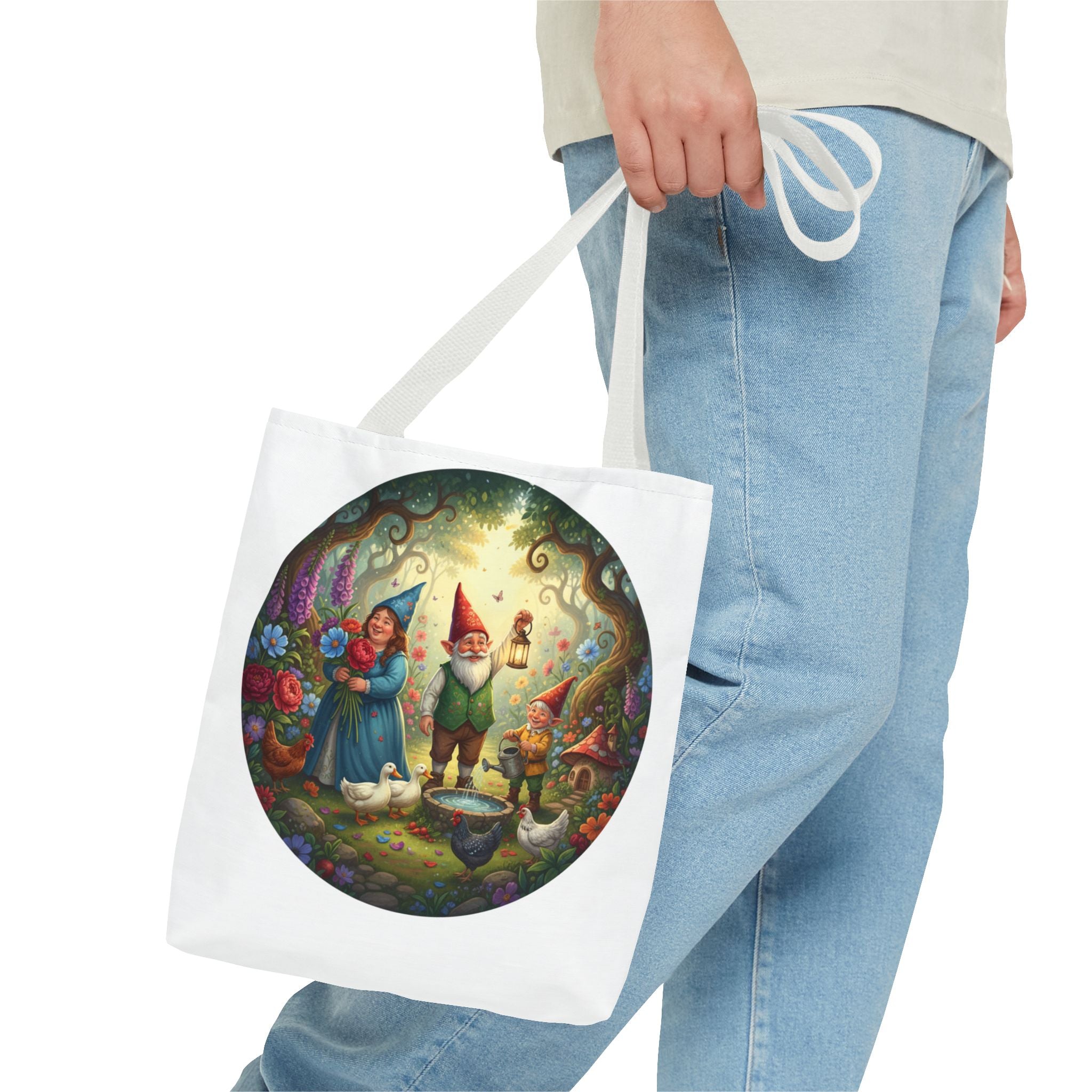 Gnome Garden Tote Bag — Whimsical Fairy Tale Circle Art