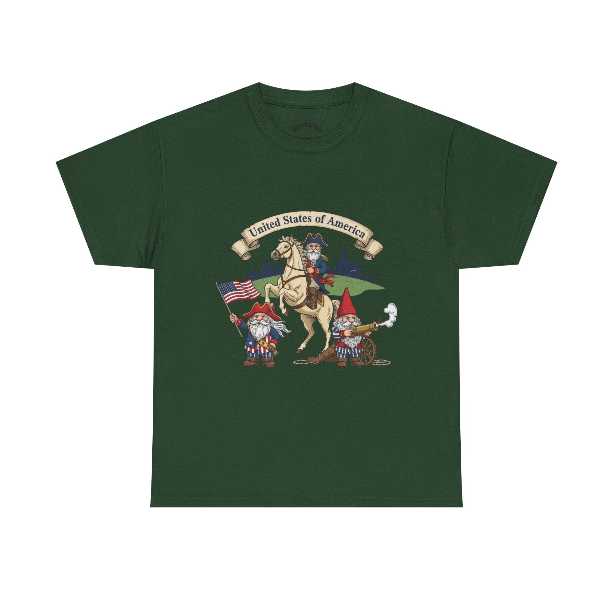 Patriotic Gnome & Horse Tee — "United States of America" Graphic T-Shirt