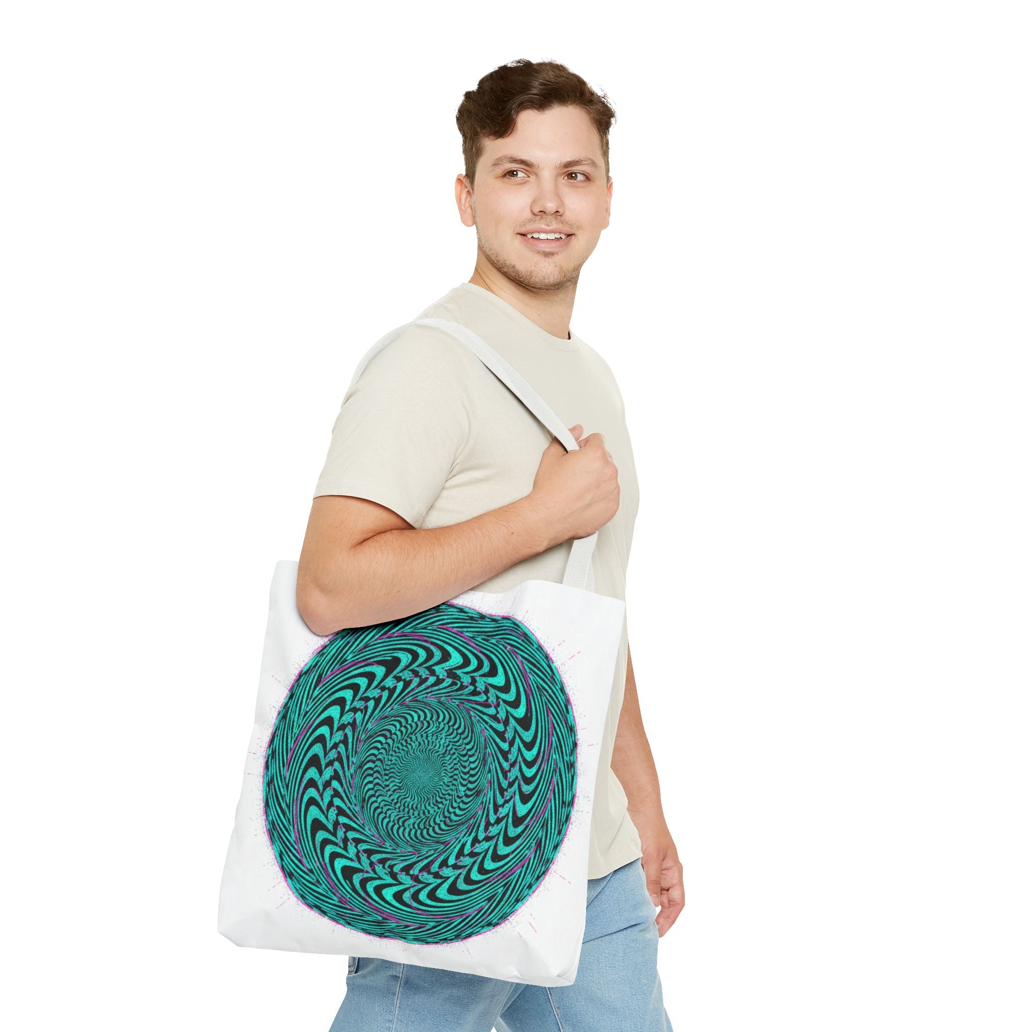 Psychedelic Spiral Tote Bag — Teal Optical Illusion All-Over Print
