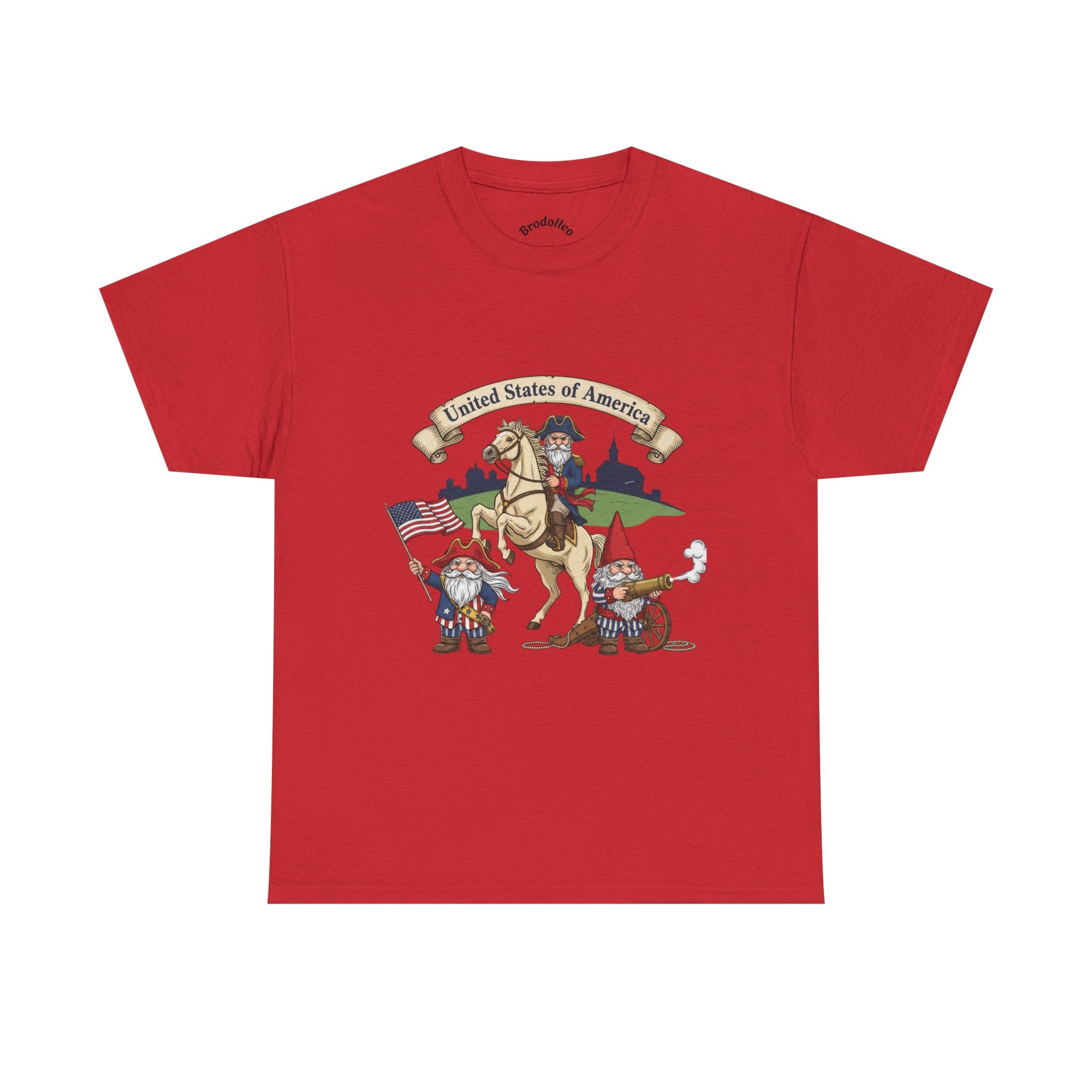 Patriotic Gnome & Horse Tee — "United States of America" Graphic T-Shirt