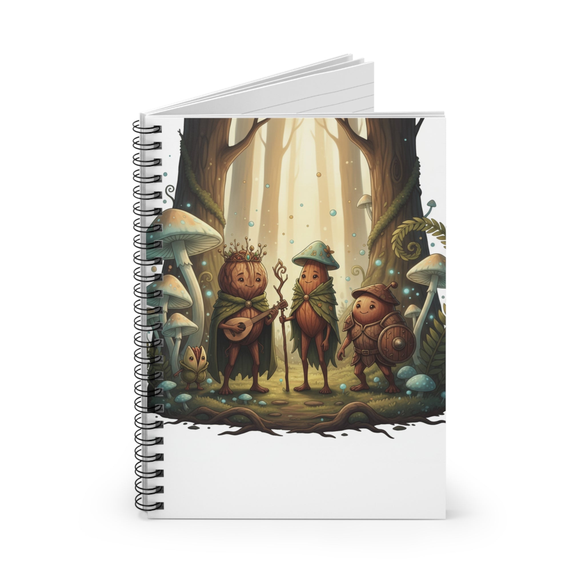 Whimsical Forest Folk Spiral Notebook — Ruled Journal with Mushroom Band Artwork
