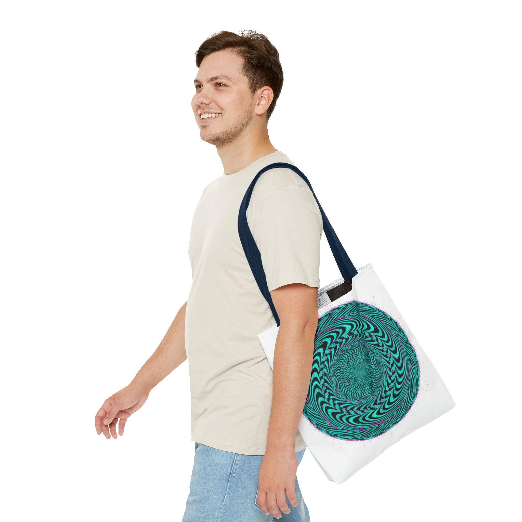 Psychedelic Spiral Tote Bag — Teal Optical Illusion All-Over Print