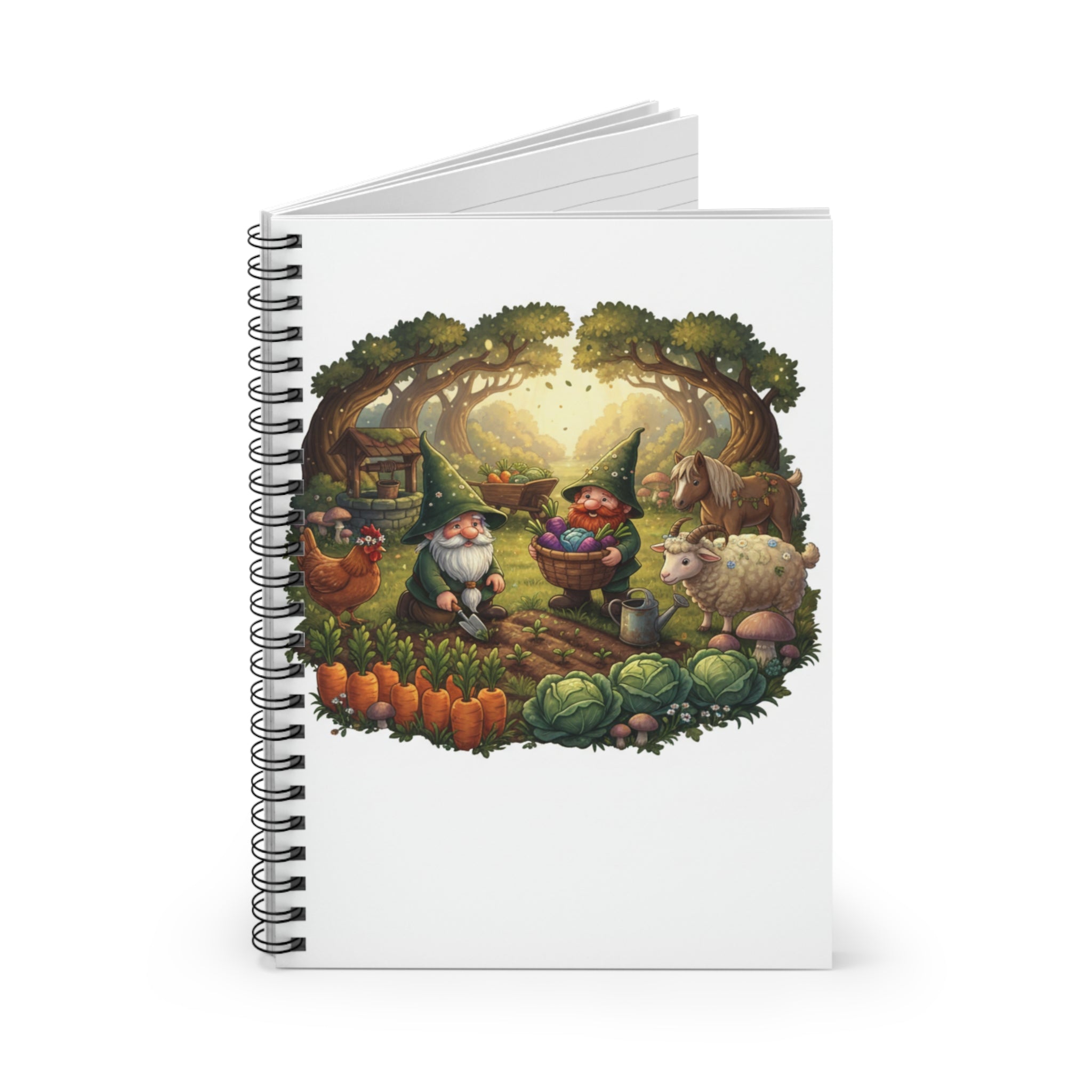 Garden Gnomes Spiral Notebook — Whimsical Farmyard Scene Ruled Journal