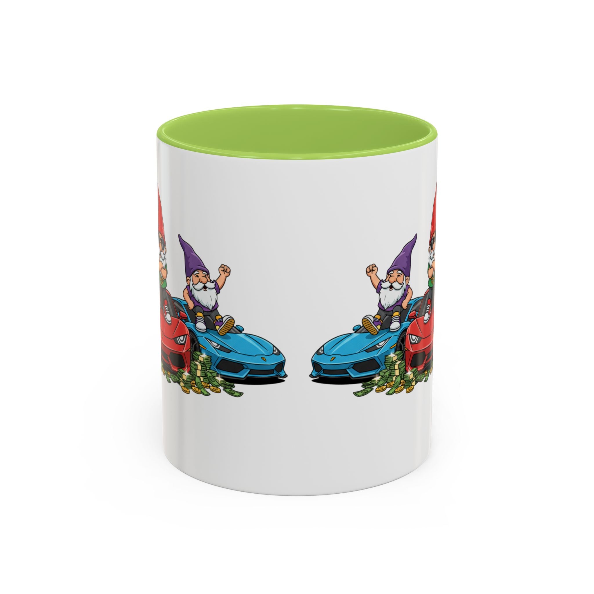 Gnome Car Crew Accent Coffee Mug — Racing Gnomes with Sports Cars (11/15oz)