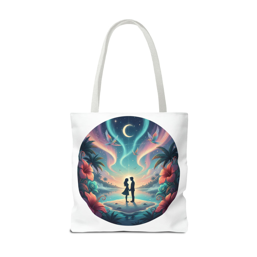 Romantic Moonlit Beach Tote Bag — Couple Silhouette Tropical Night Print