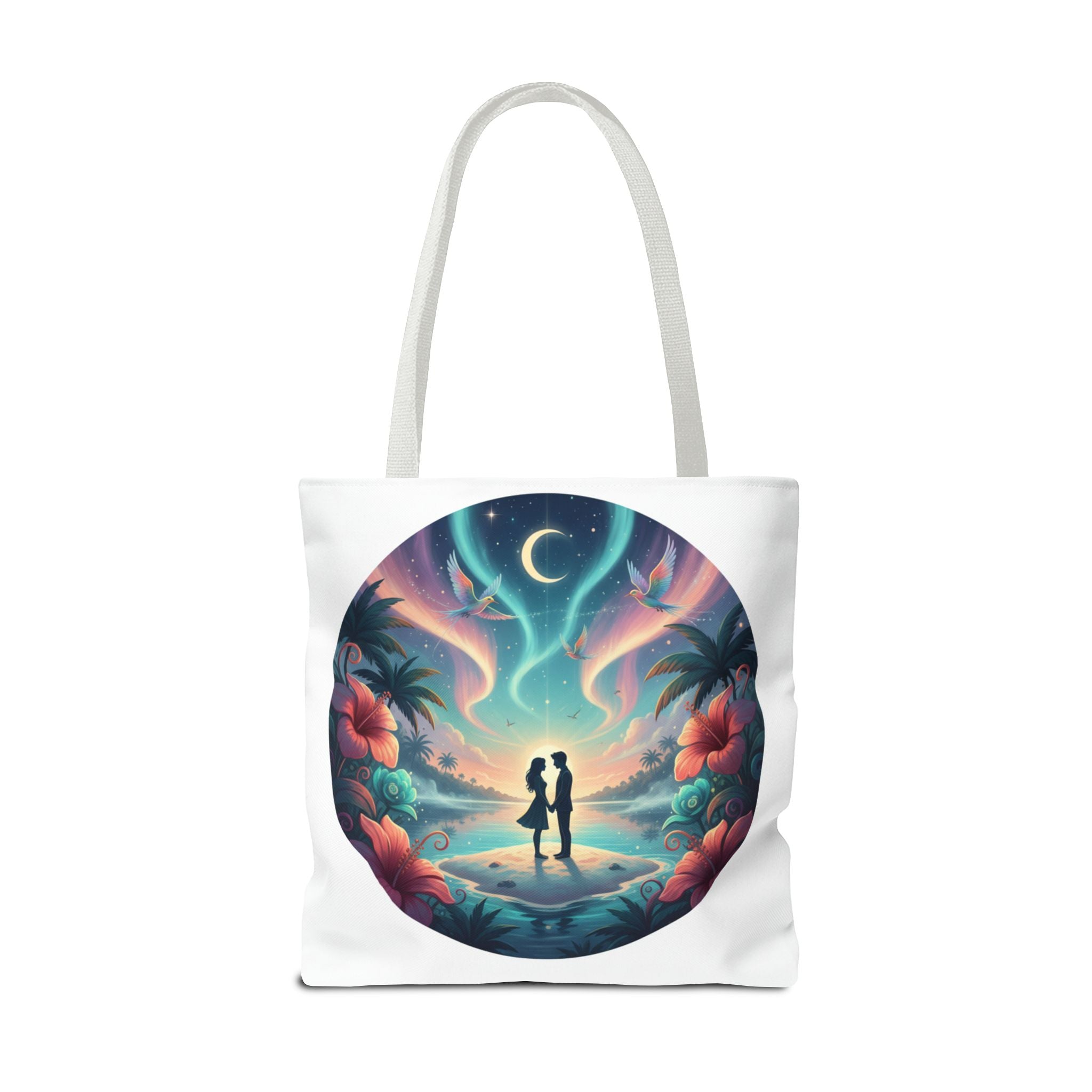 Romantic Moonlit Beach Tote Bag — Couple Silhouette Tropical Night Print