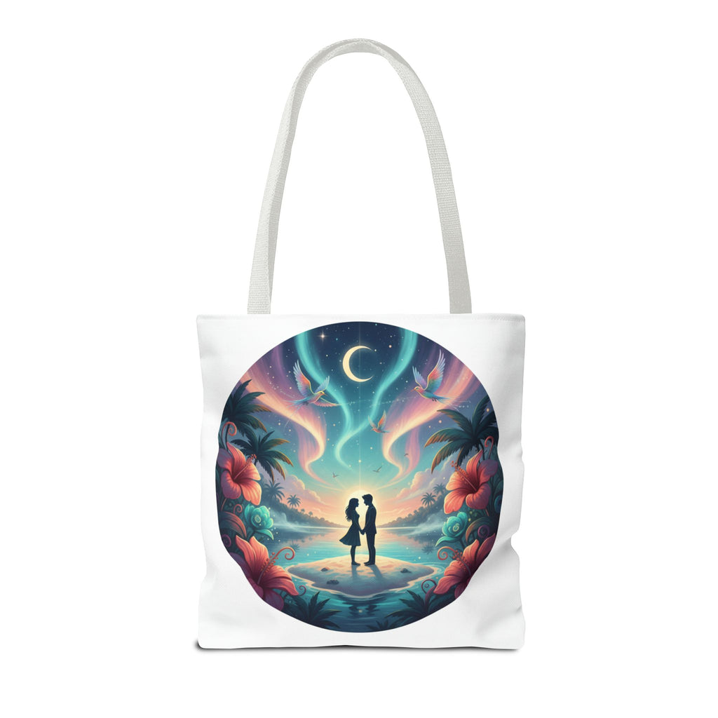 Romantic Moonlit Beach Tote Bag — Couple Silhouette Tropical Night Print