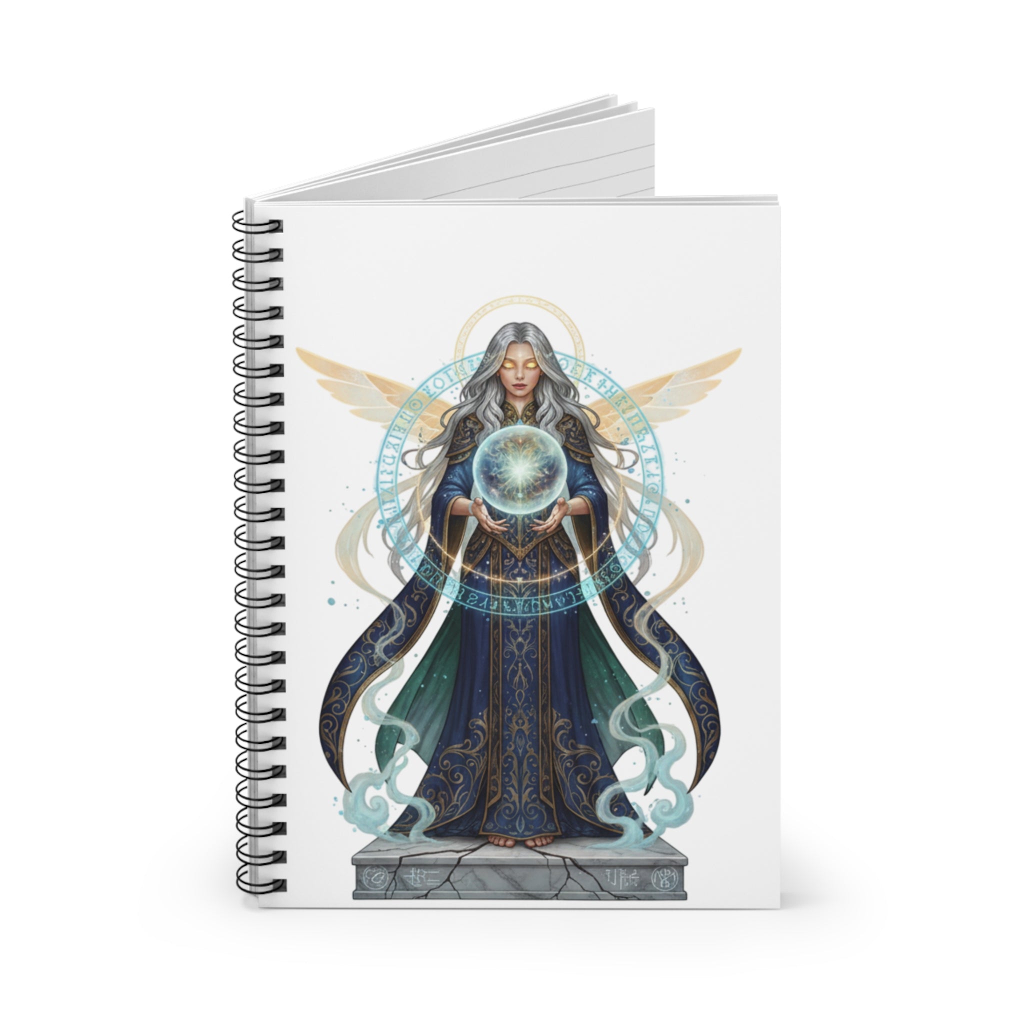 Mystic Oracle Spiral Notebook — Angelic Sorceress with Crystal Globe