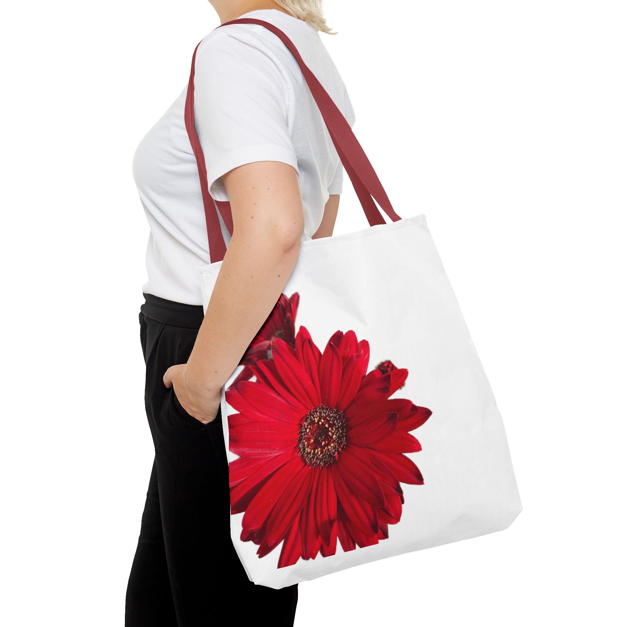 Red Gerbera Floral Tote Bag – Bright Daisy Print Canvas Tote