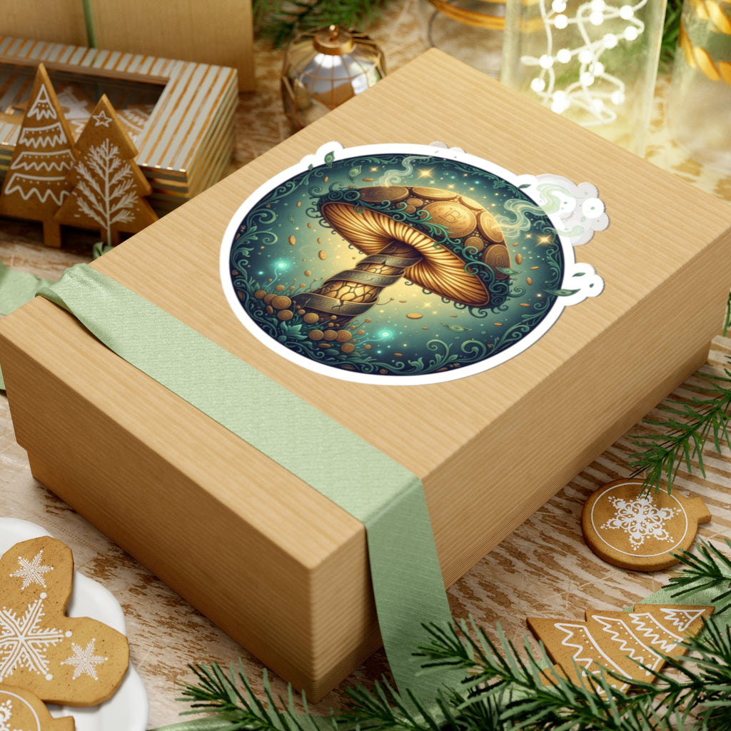 Psychedelic Golden Mushroom Kiss-Cut Sticker — Mystical Forest Laptop Decal