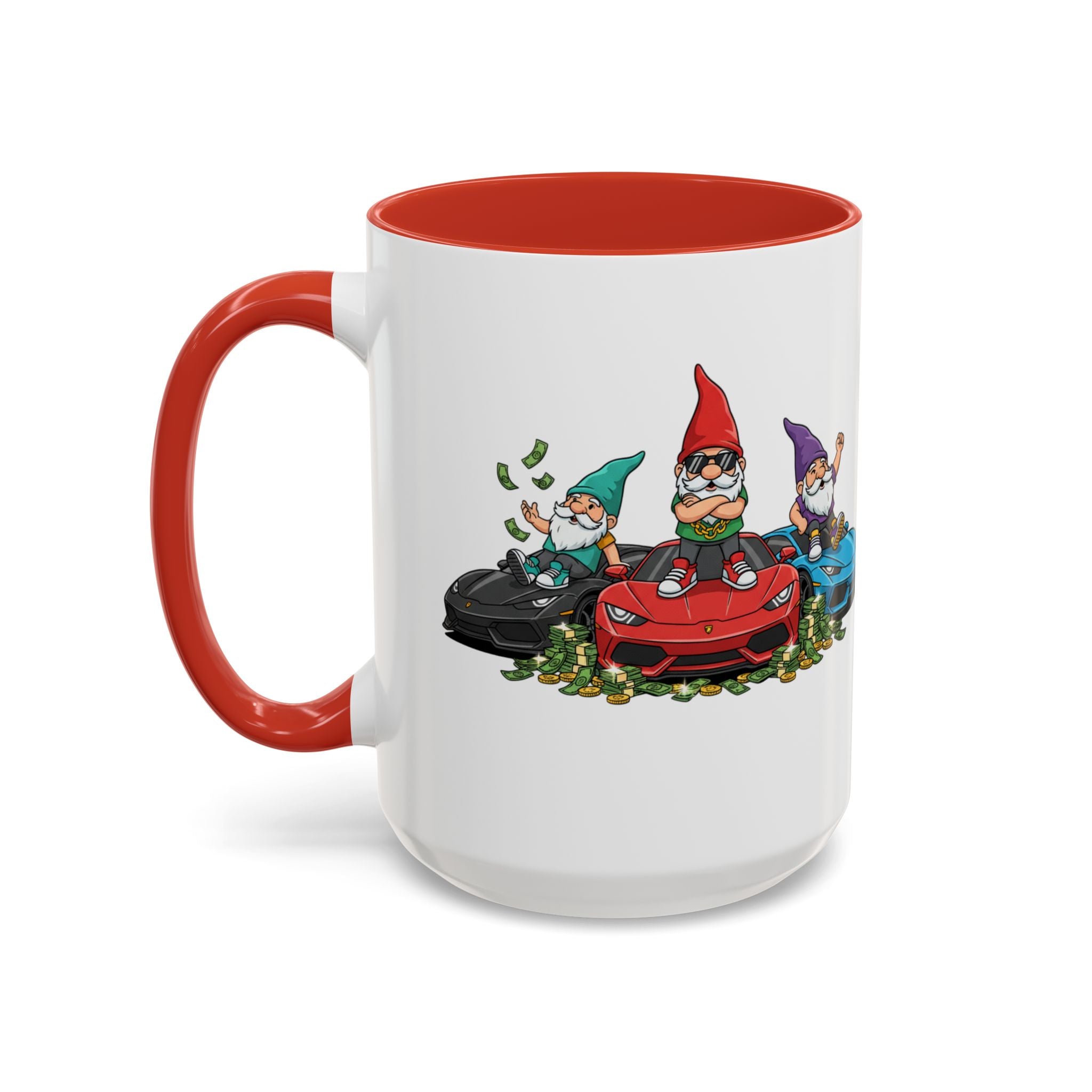 Gnome Car Crew Accent Coffee Mug — Racing Gnomes with Sports Cars (11/15oz)