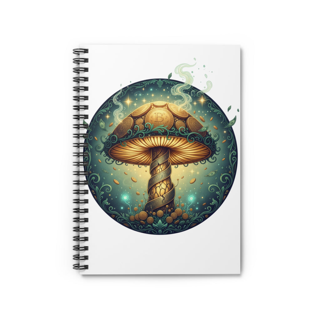 Mystical Golden Mushroom Spiral Notebook — Ruled Journal for Fantasy Art Lovers