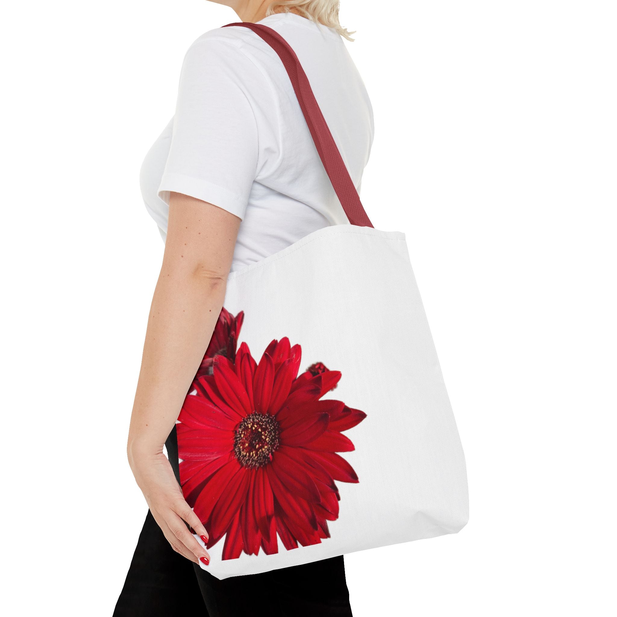 Red Gerbera Floral Tote Bag – Bright Daisy Print Canvas Tote