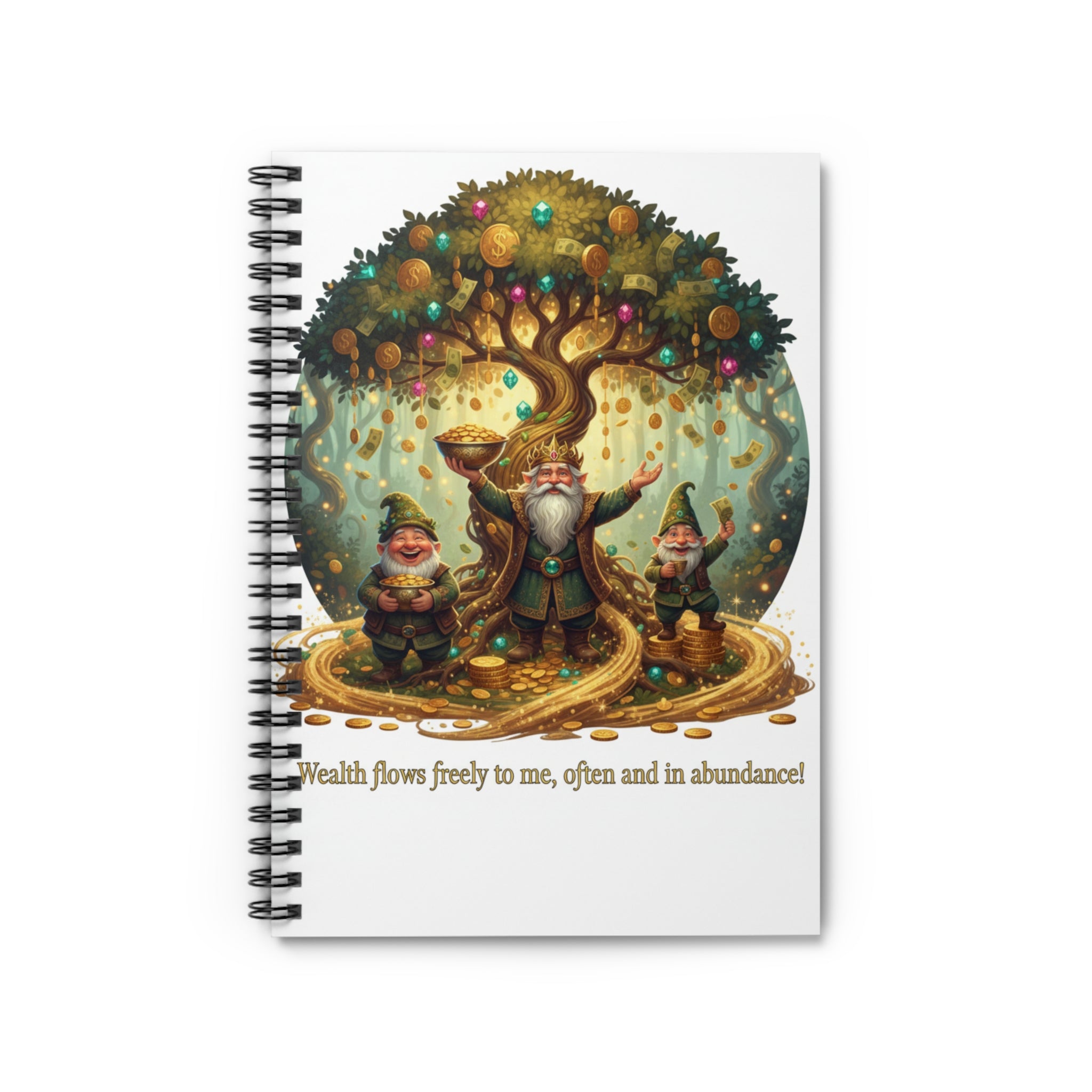 Wealth Flow Spiral Notebook — Inspirational Gnome Tree Journal ("Wealth flows freely to me, often and in abundance")