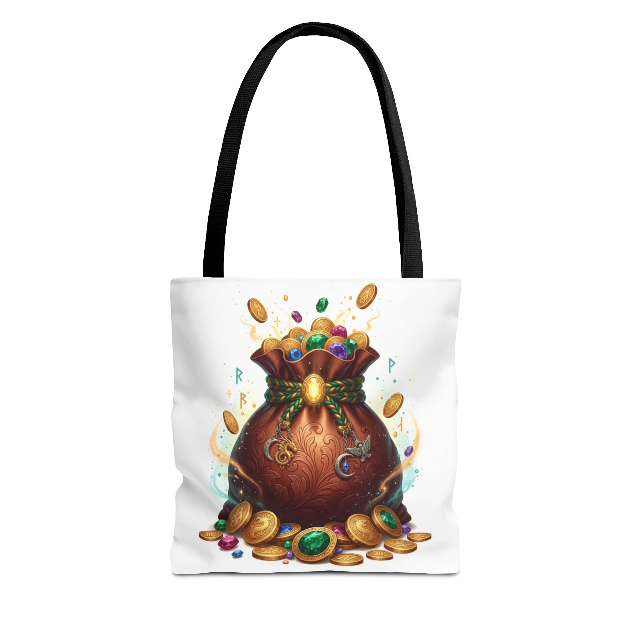 Treasure Pouch Tote Bag — Colorful Gem & Gold Coin All-Over Print Tote
