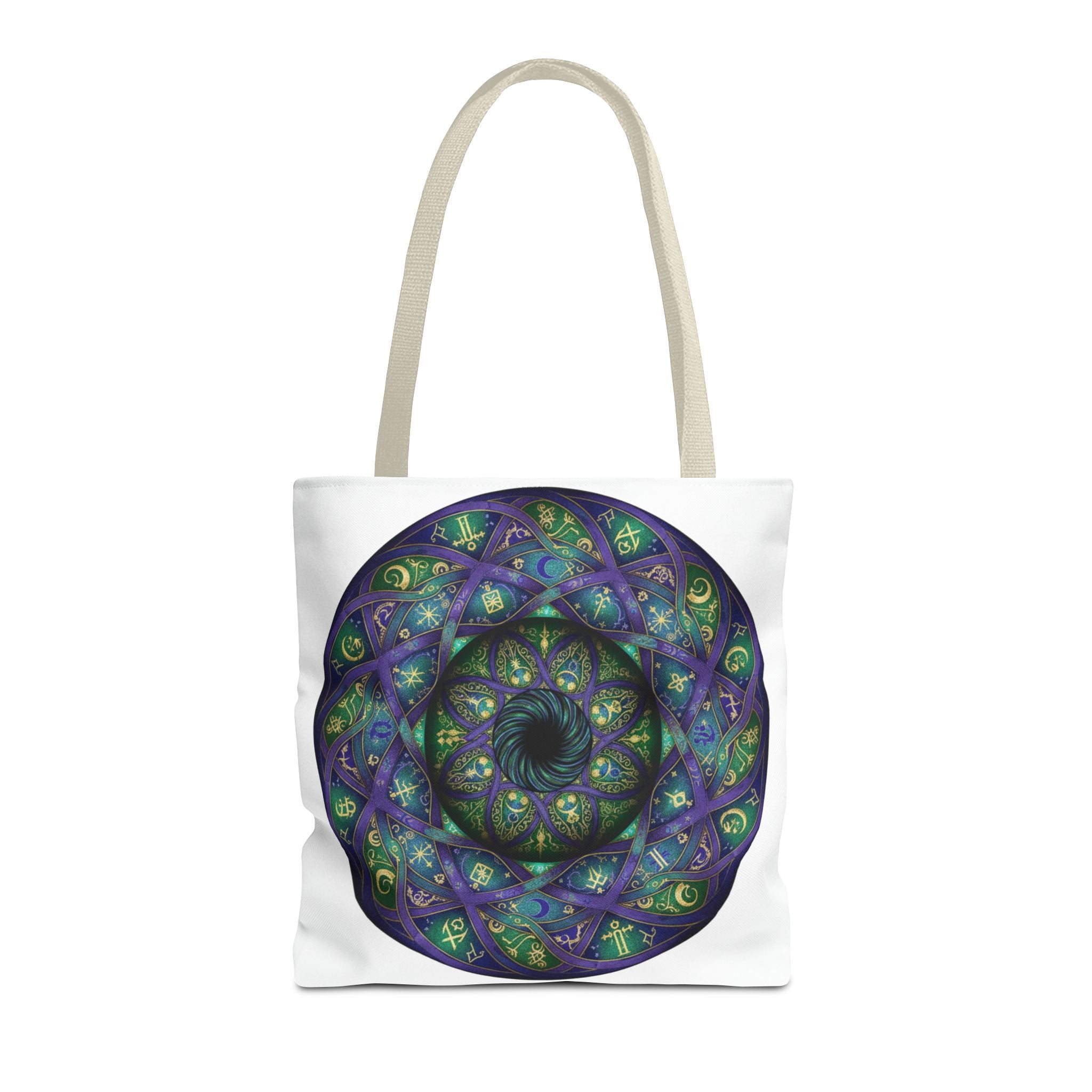 Mystic Mandala Tote Bag — Purple Green Spiral All-Over Print