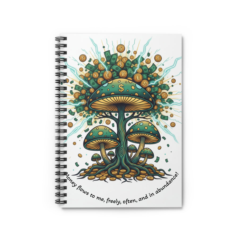 Money Mushroom Spiral Notebook – Psychedelic Wealth Illustration, Ruled Journal