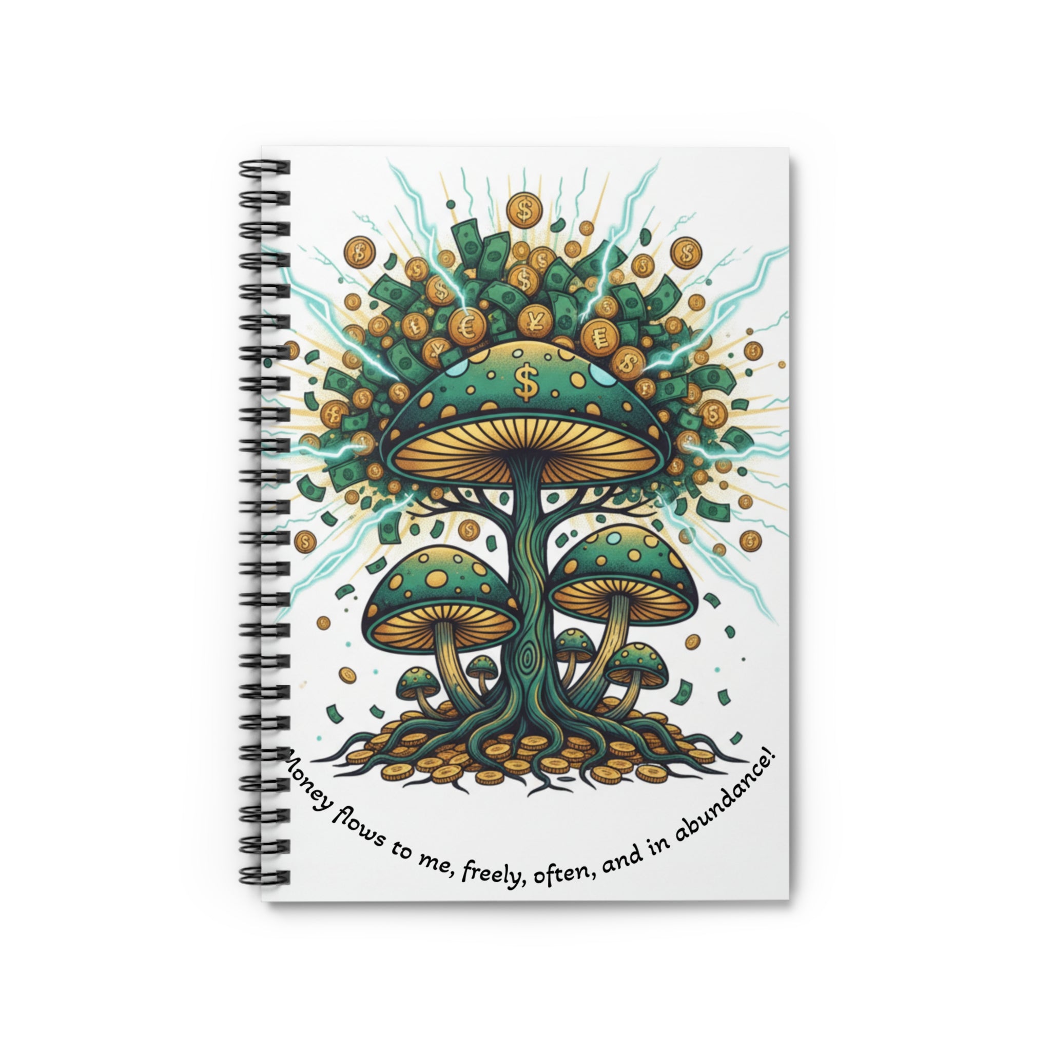 Money Mushroom Spiral Notebook – Psychedelic Wealth Illustration, Ruled Journal