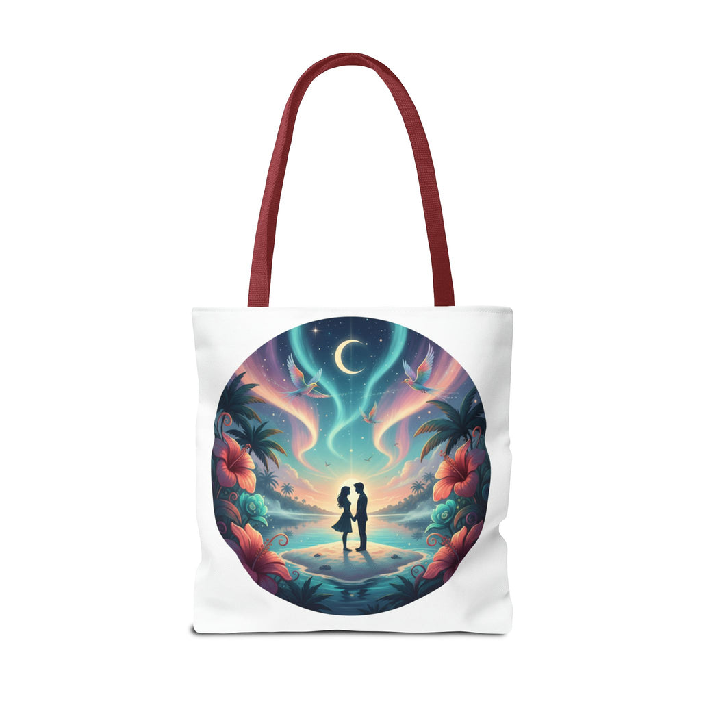 Romantic Moonlit Beach Tote Bag — Couple Silhouette Tropical Night Print