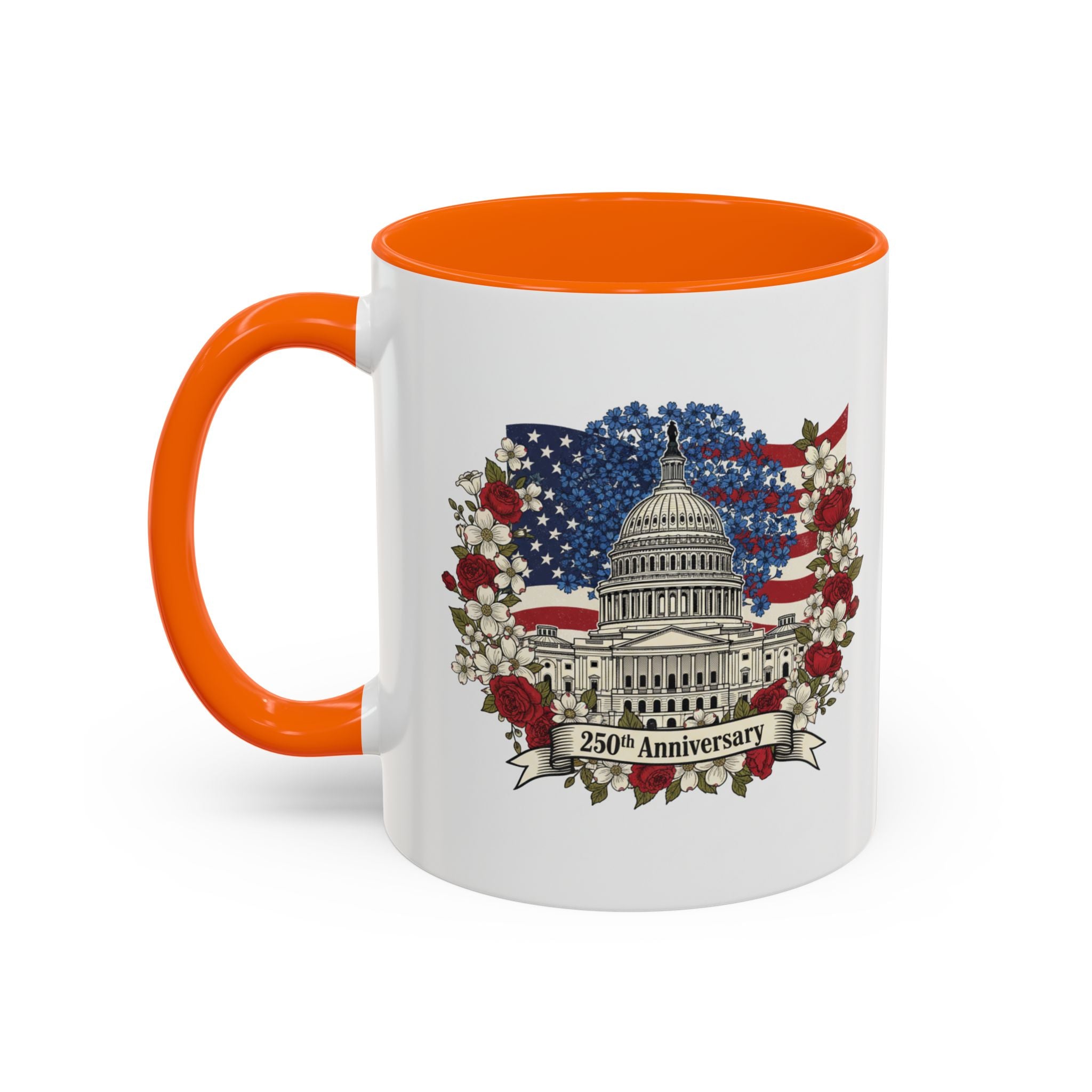 Capitol 250th Anniversary Accent Coffee Mug – Patriotic American Flag Floral Design (11/15oz)