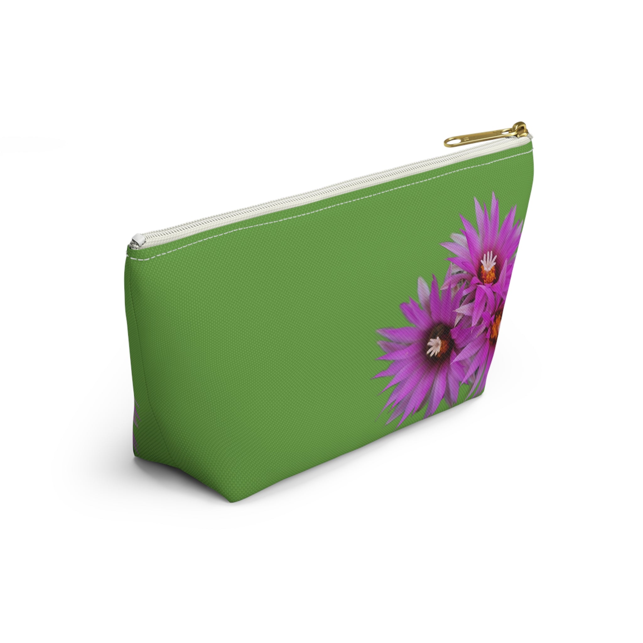 Floral Accessory Pouch — Pink Cactus Flowers on Green Makeup Bag