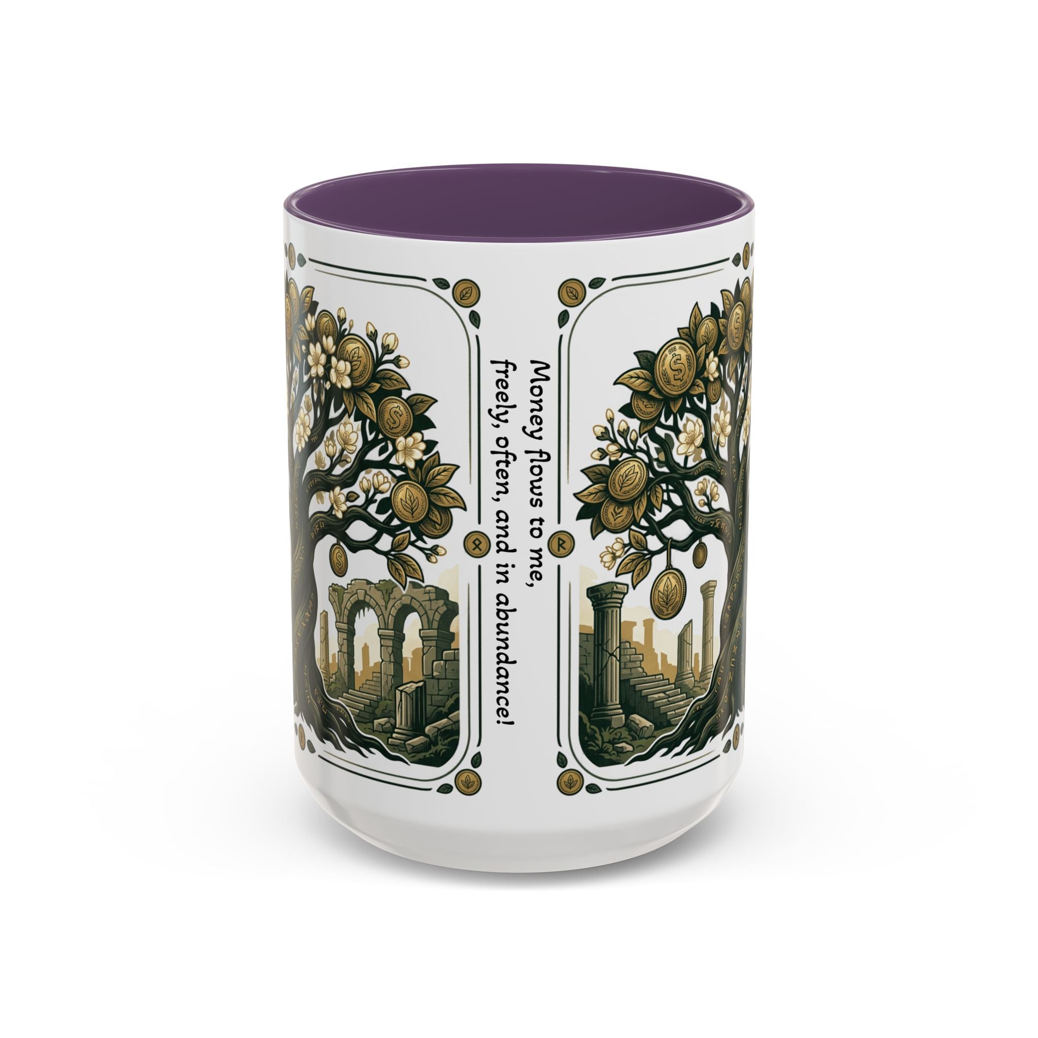 Ornate Tree of Coins Coffee Mug — Gold Ruins Accent Ceramic Mug (11/15oz)