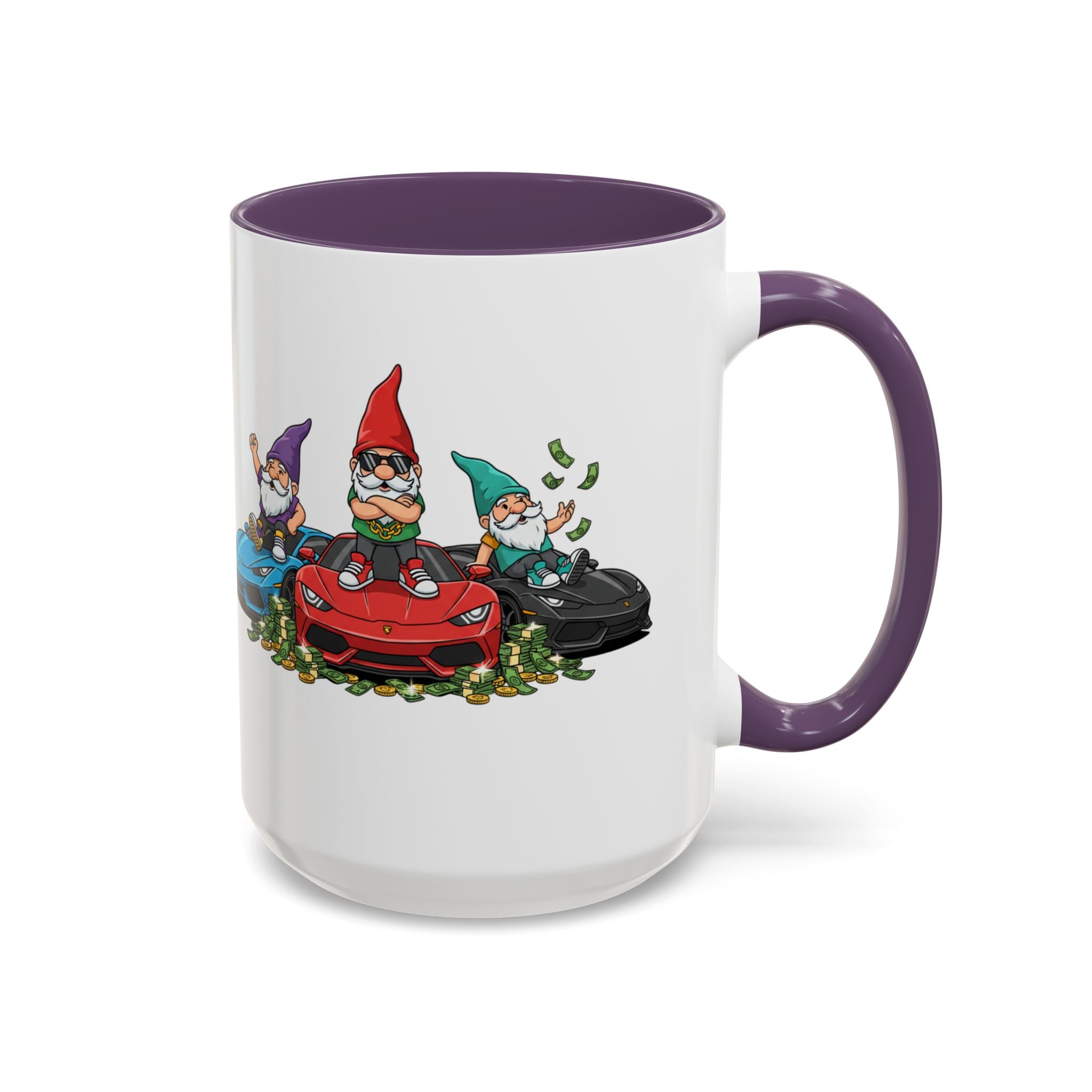 Gnome Car Crew Accent Coffee Mug — Racing Gnomes with Sports Cars (11/15oz)
