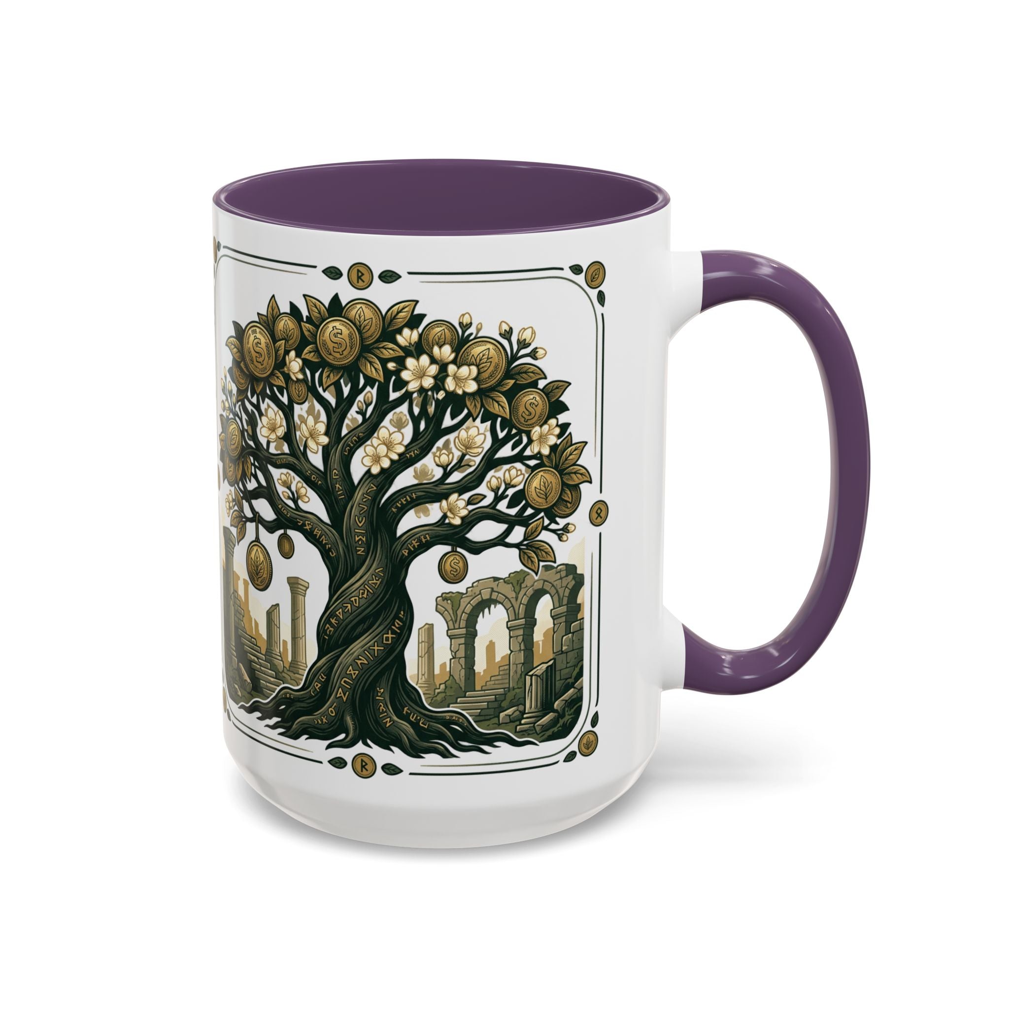 Ornate Tree of Coins Coffee Mug — Gold Ruins Accent Ceramic Mug (11/15oz)
